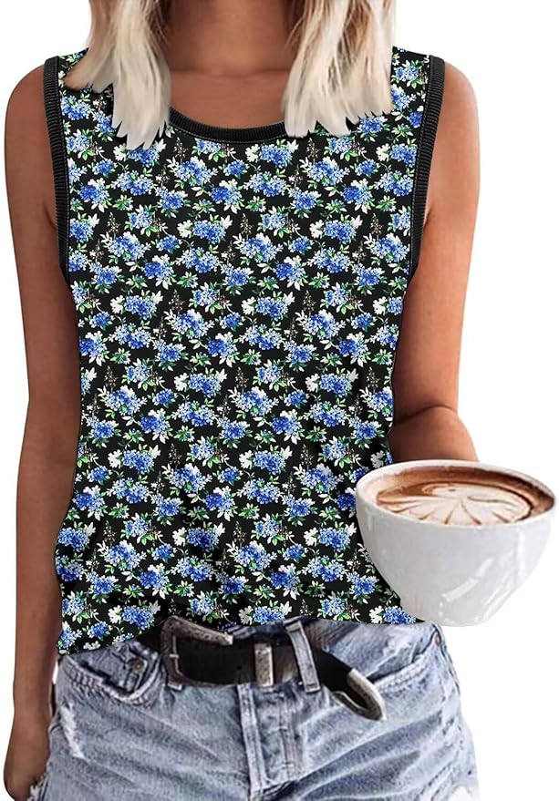 KISSMODA Womens Flora Print Tank Tops Ribbed Summer Shirt Sleeveless Summer Casual Women Blouses(S-3XL)