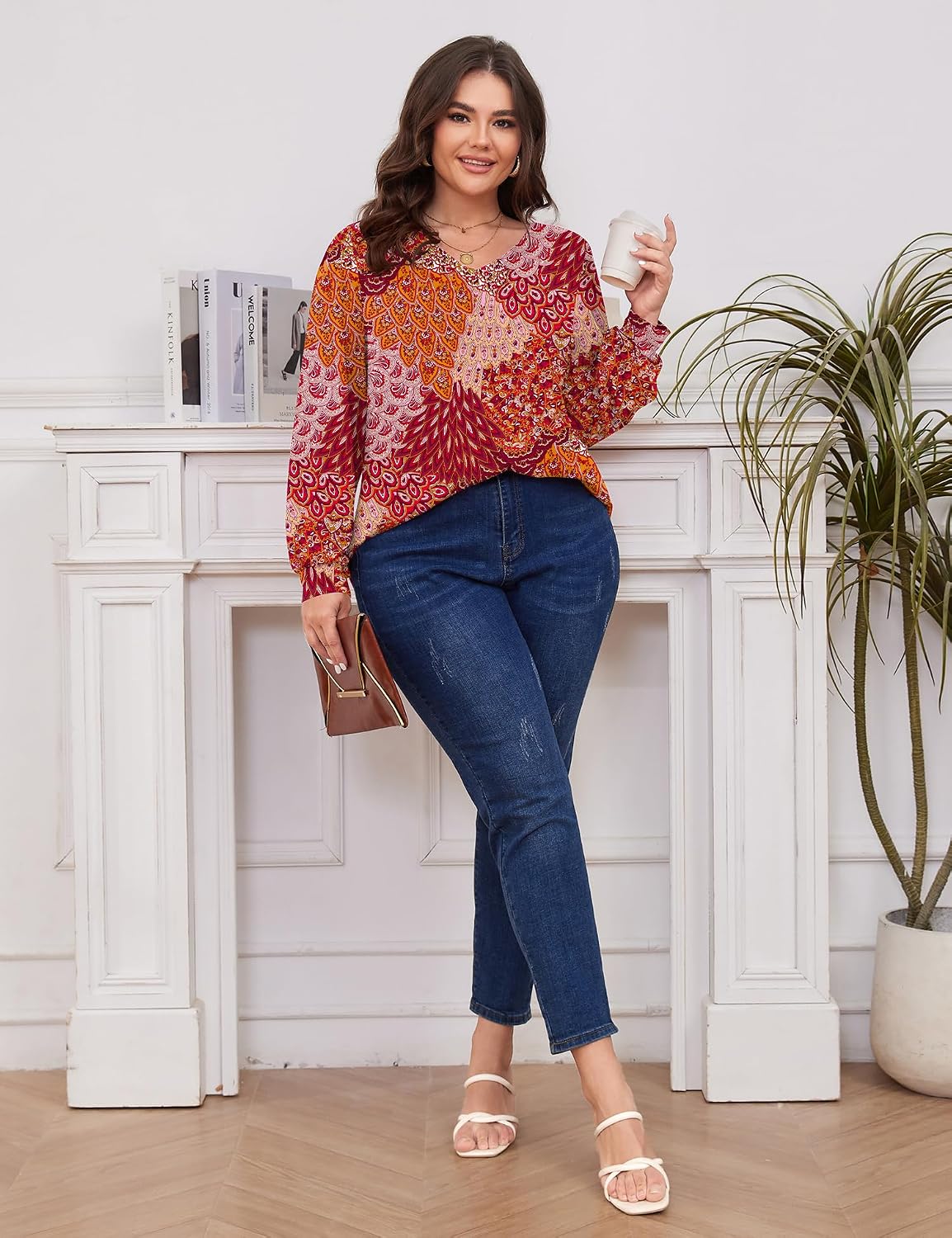 TFSDOD Plus Size Tops for Women Long Sleeve V Neck Shirts Dressy Casual Blouse Loose Fit Basic Tee Tshirt(1X-5X)