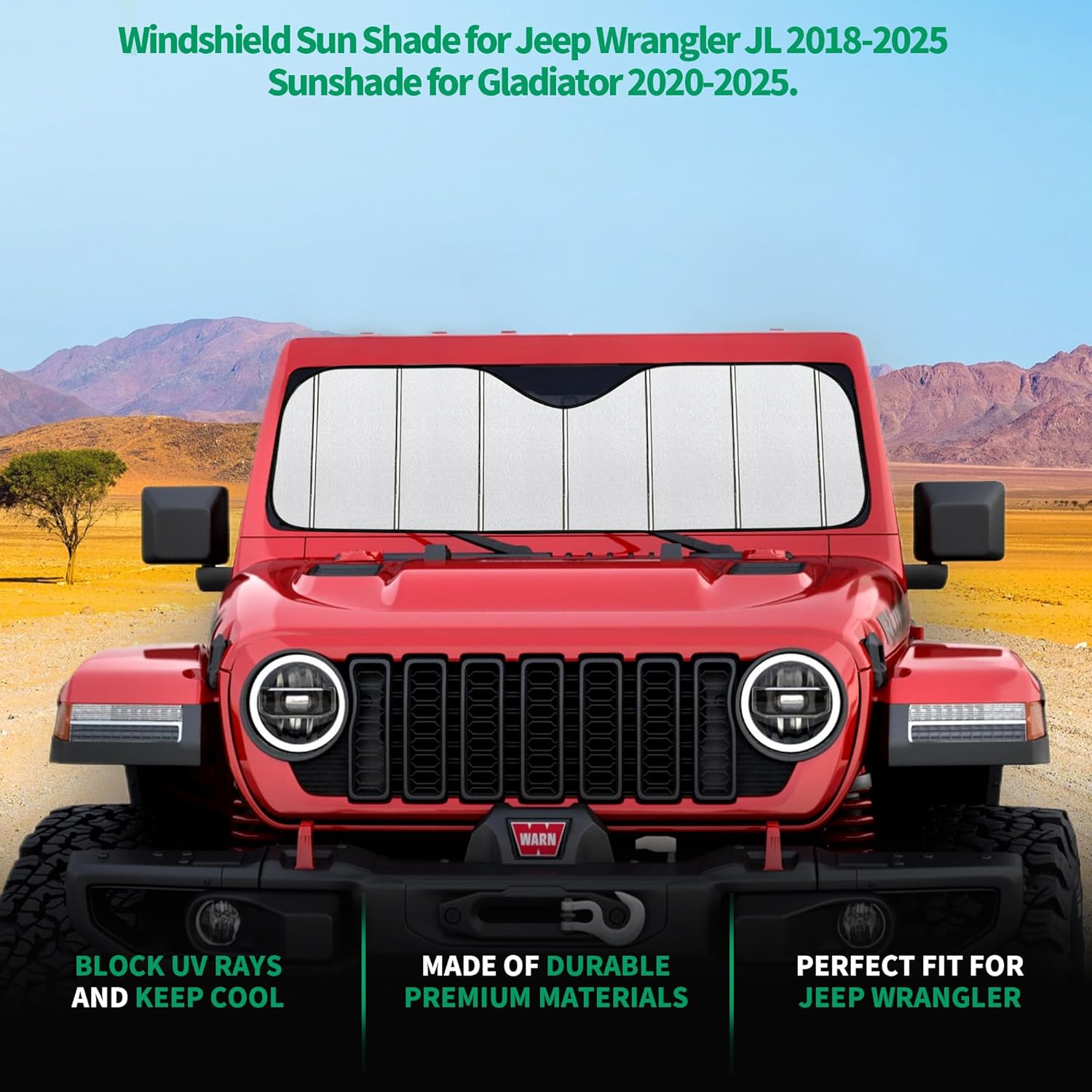 Windshield Sun Shade for Jeep Wrangler JL 2018-2025,Sunshade for Gladiator 2020-2025. Premium Foldable Sun Visor Front Window Sunshade