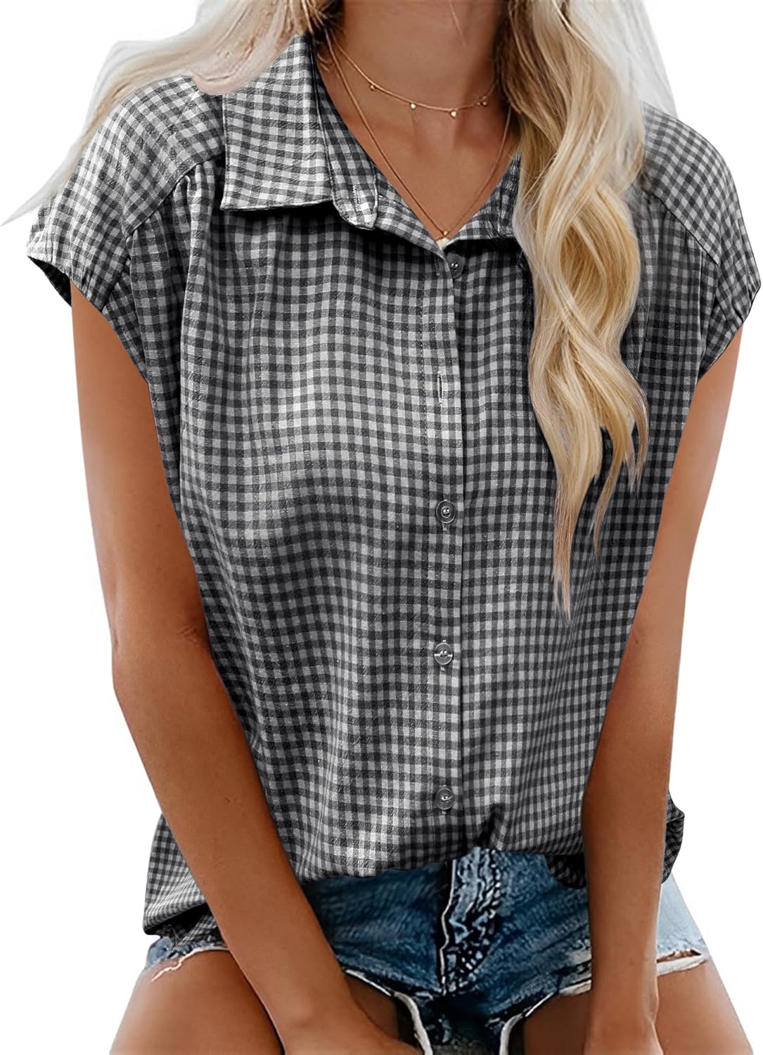 LOMON Womens Button Down Shirts Short Cap Sleeve Summer Cotton V Neck Collared Stripes Blouses Casual Plaid Tops