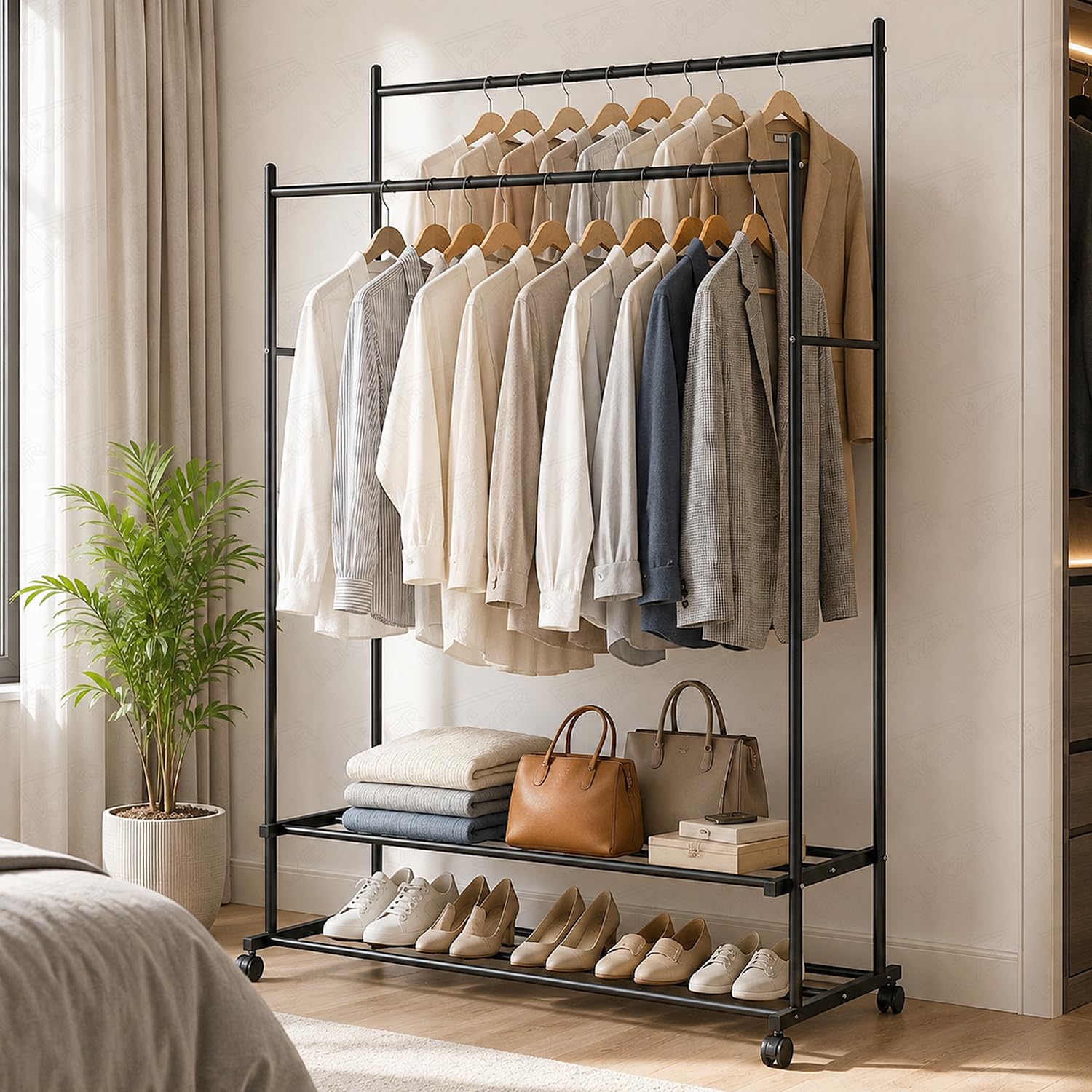 Lukzer Double Rod Metal Garment Stand with Wheels & 2-Tier Storage Organiser Shelves, Portable Clothes Rack and Coat Hanger With Shoe Rack for Bedroom, Entryway & Boutique (Black/109 x 48 x 158 cm)