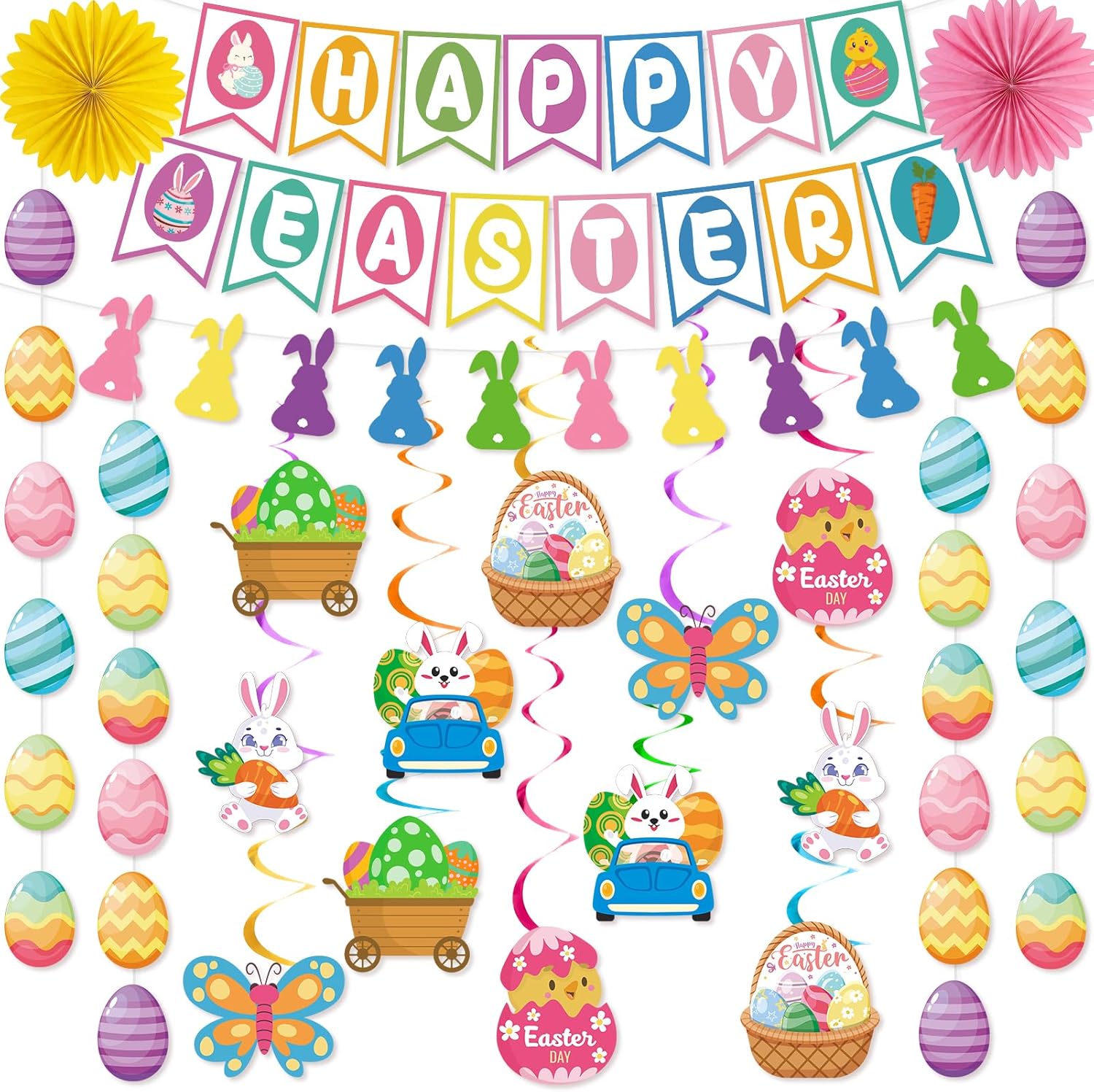 55 Pcs Easter Decorations, Happy Easter Banner Hanging Decorations for Office Home School Classroom Easter Party Decorations