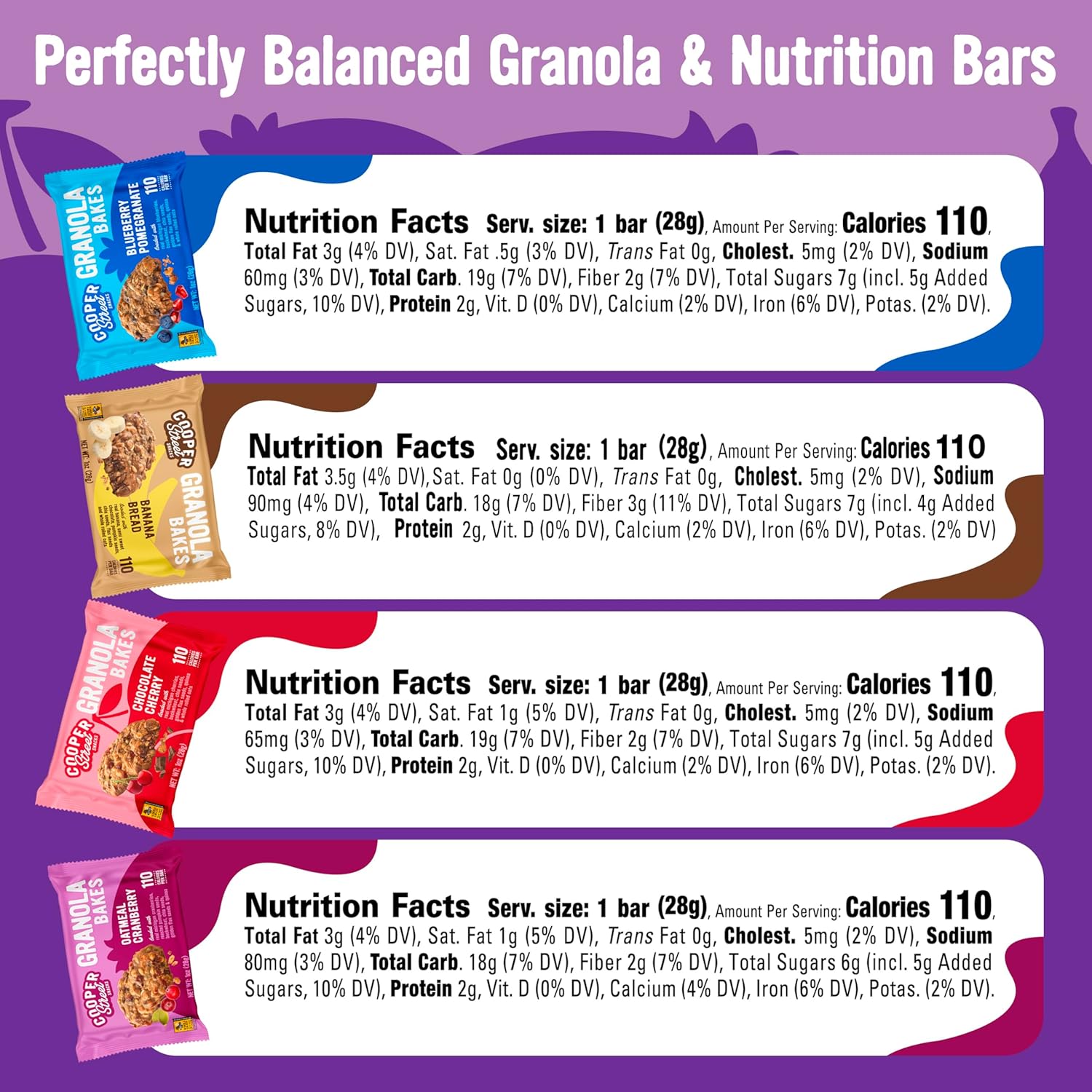 Cooper Street Granola Bakes - Soft Baked Oats, Grain & Seeds Breakfast Granola Bars Variety - Nut & Dairy Free, Low Sodium, Individually Wrapped Healthy Lunchbox Snacks for Kids & Adults - 48 Pack