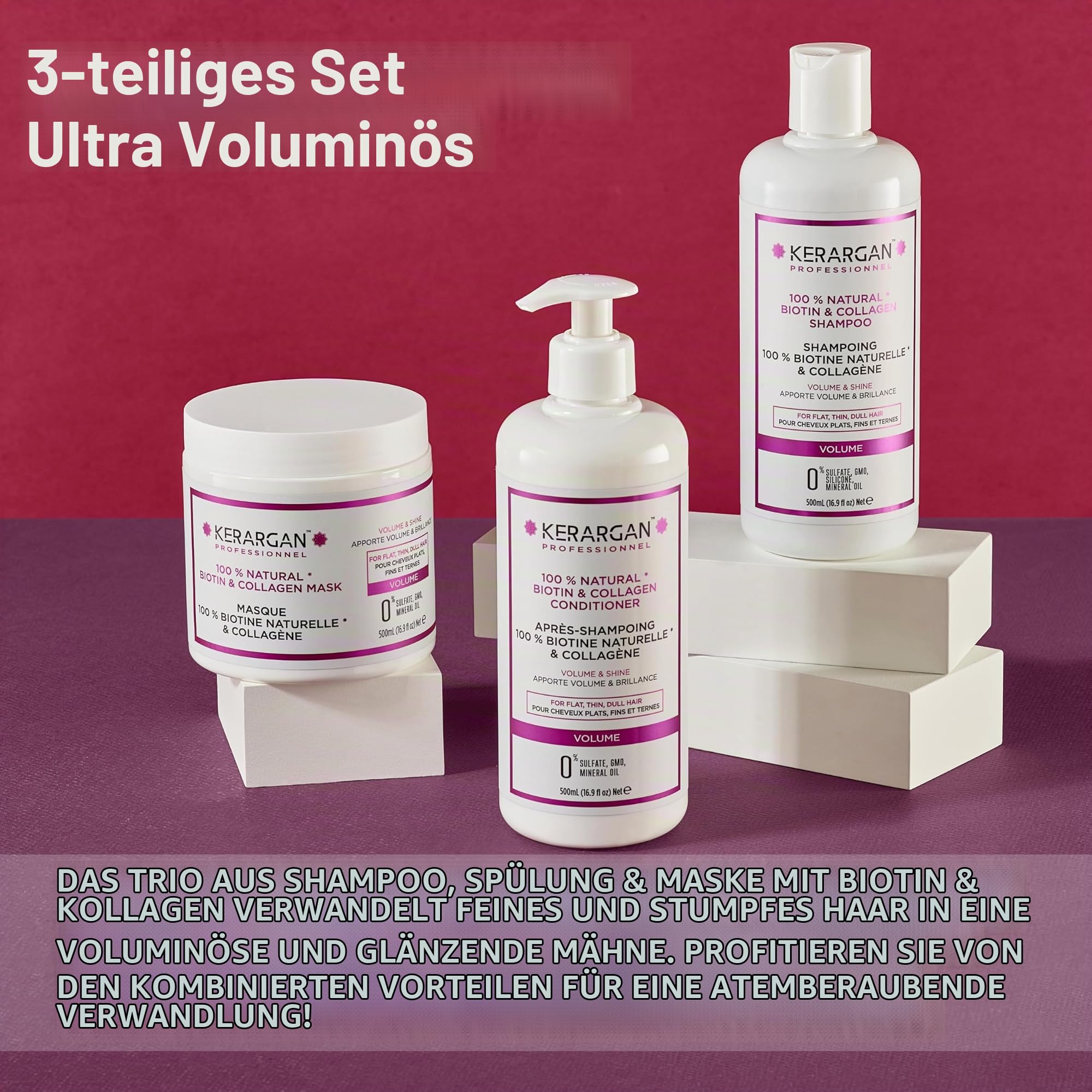 Kerargan - Trio Volumen Shampoo, Conditioner & Maske mit Biotin & Kollagen - für flaches, dünnes und mattes Haar - Ohne Sulfate, GVO, Silikon, Mineralöl - 3x500ml+1x100ml | Shampoo, Conditioner und Haarmaske, Volumenroutine zum Reinigen, Entwirren und Stä