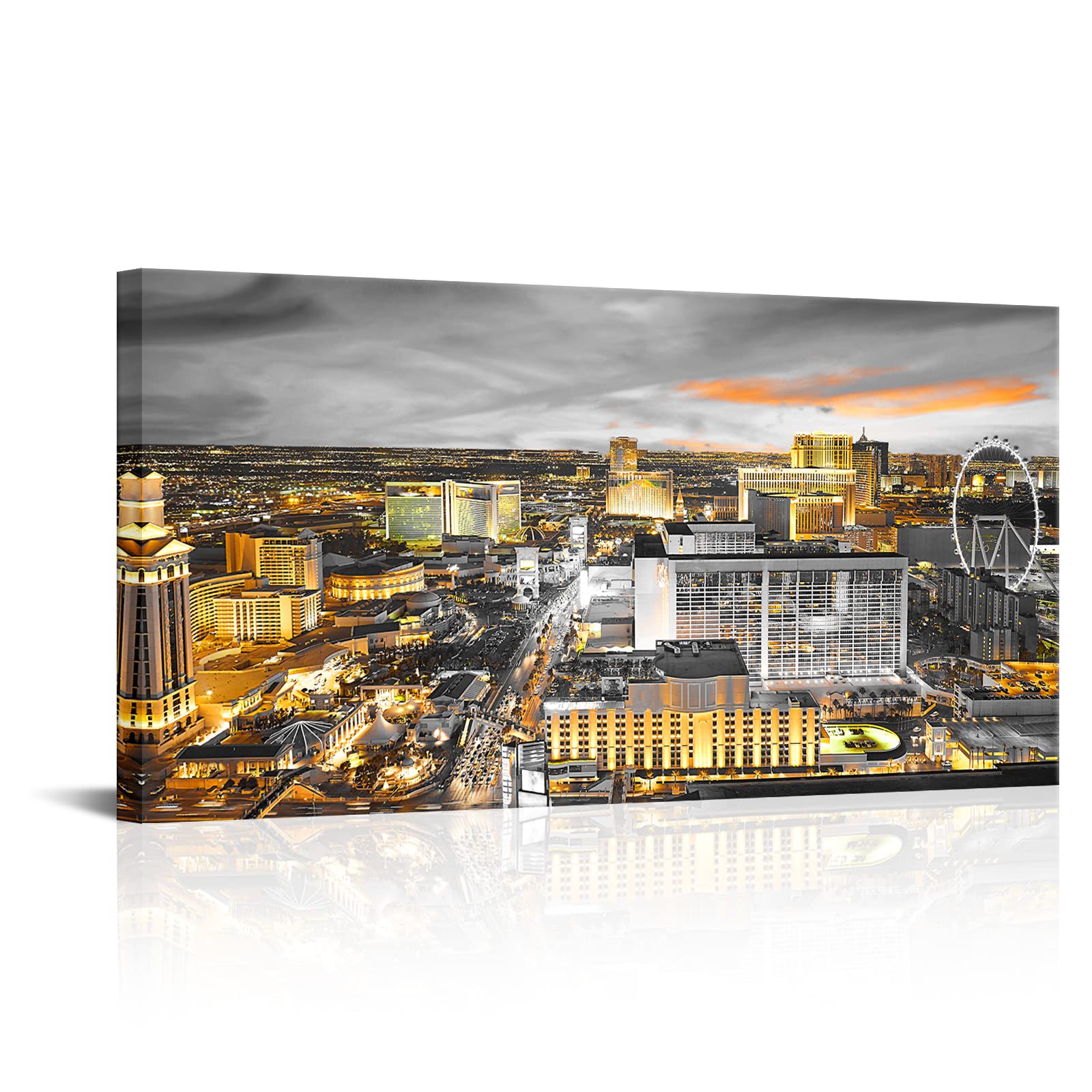 Nachic Wall Las Vegas Canvas Art Black and White Yellow USA City Skyline Picture Poster Cityscape Night Scene Painting Artwork Giclee Print for Home Office Living Room Decor 24x48Inches