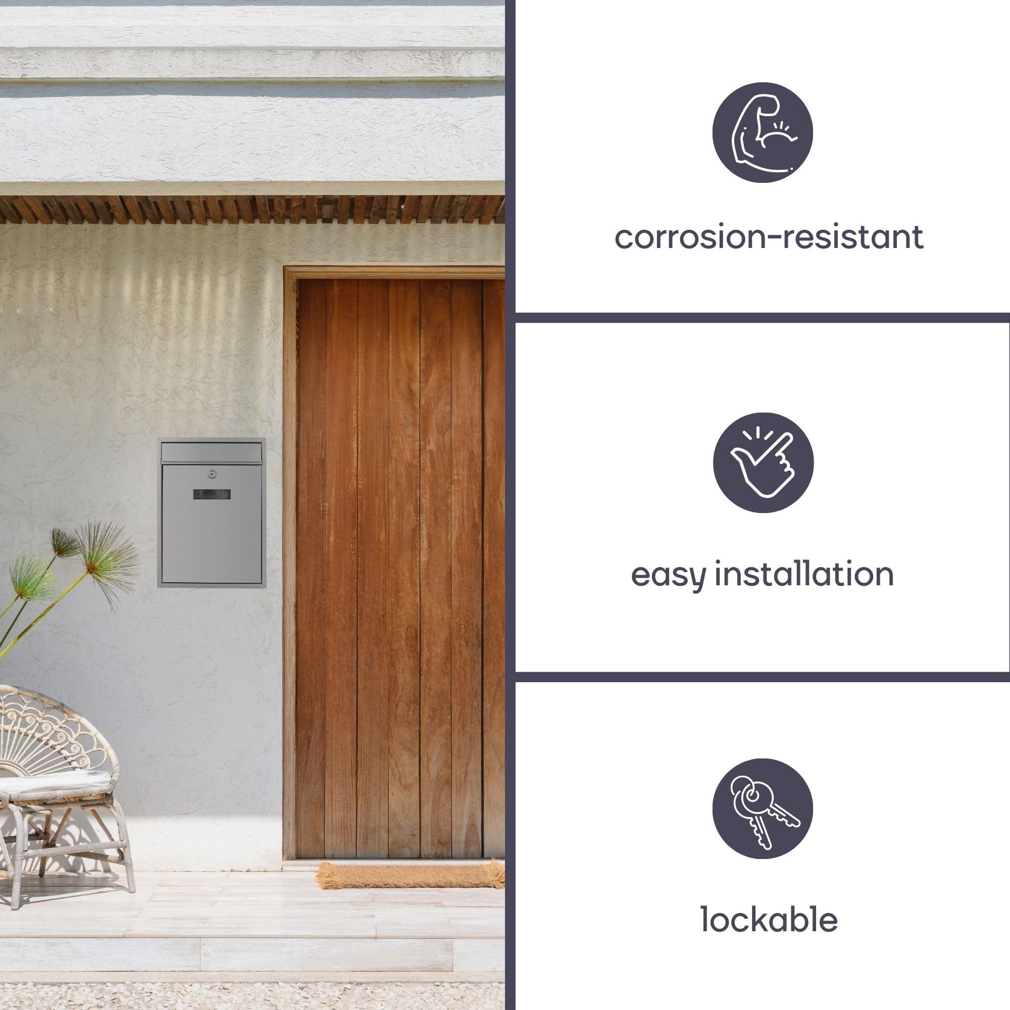 Perel Boite aux Lettres Murale Ibiza pour Exterieur Gris Argente avec Plaque et Serrure, modele Compact en Metal