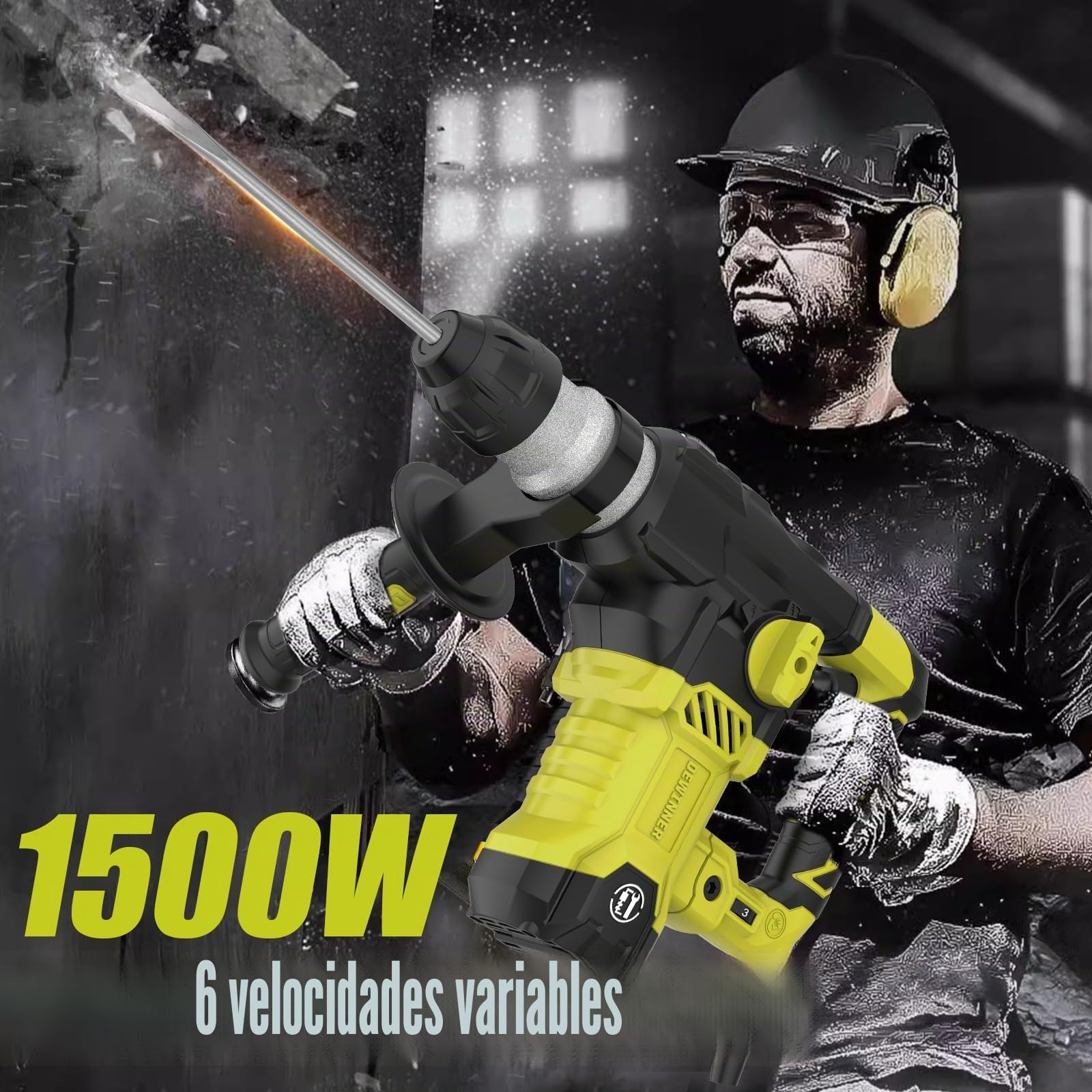 DEWINNER Martillo Percutor SDS-Plus,1500 W, 6 velocidades, 850RPM, 4400BPM, 5.5J, embrague de seguridad y tecnología antivibración, 4 funciones, incluye organizador, cincel y broca de 32mm