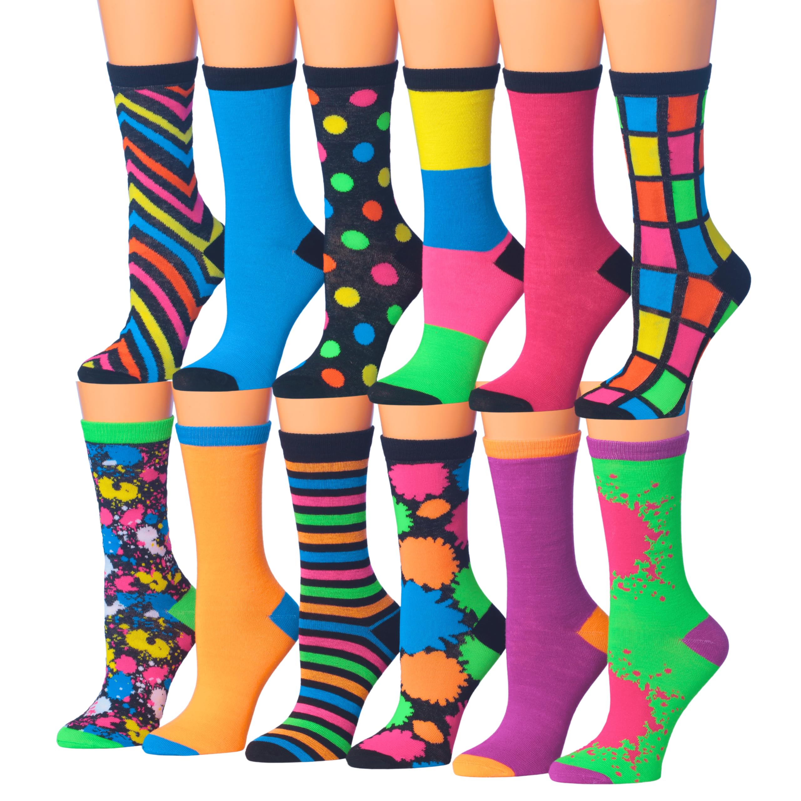 Tipi Toe Women's Fun Patterned Dress Socks, 12-Pack Lightweight Colorful Crew Socks, Casual Novelty Assorted Designs