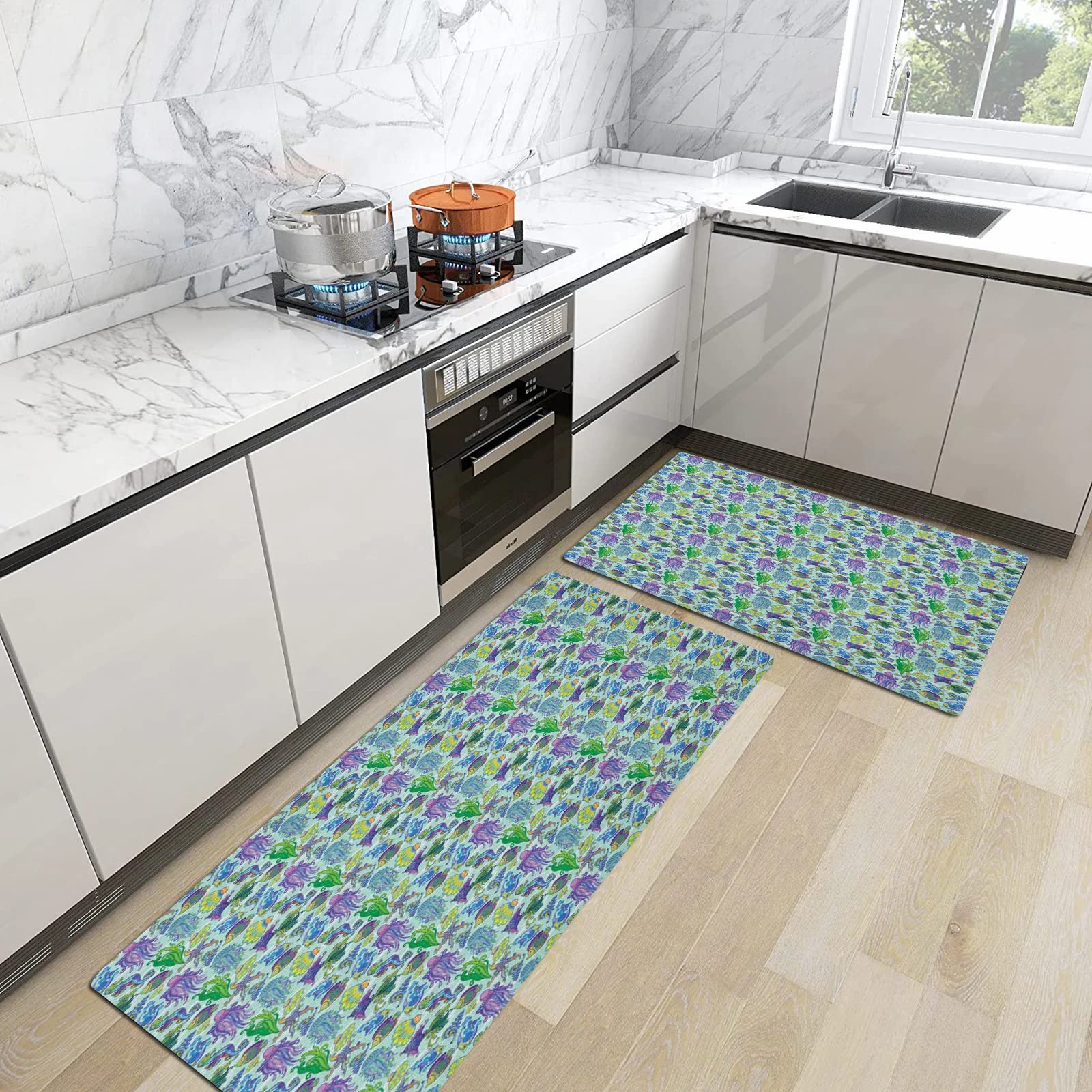 Set di 2 tappetini da cucina,Ancora Aquatic Maritime Pattern con ancore su e giù Vela Viaggio Vacanze Blu sc,Antiscivolo, assorbono acqua e olio, da cucina, antipolvere, per interni, 40x60cm+40x120 cm