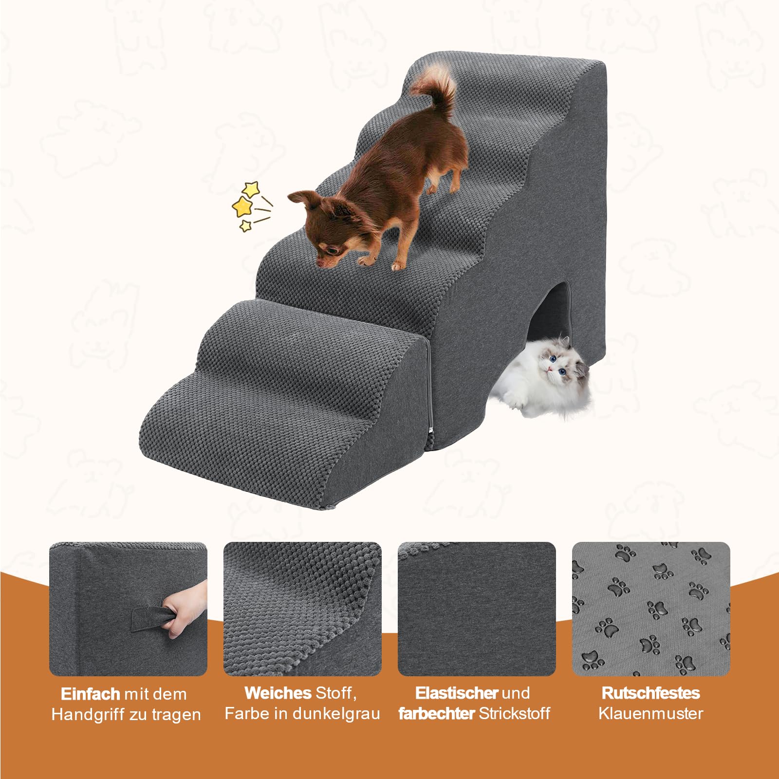 Escalera para perros de 60 cm de altura para cama, 6 peldaños para cama con somier | Escalera antideslizante para mascotas de color gris oscuro para perros pequeños o lesionados