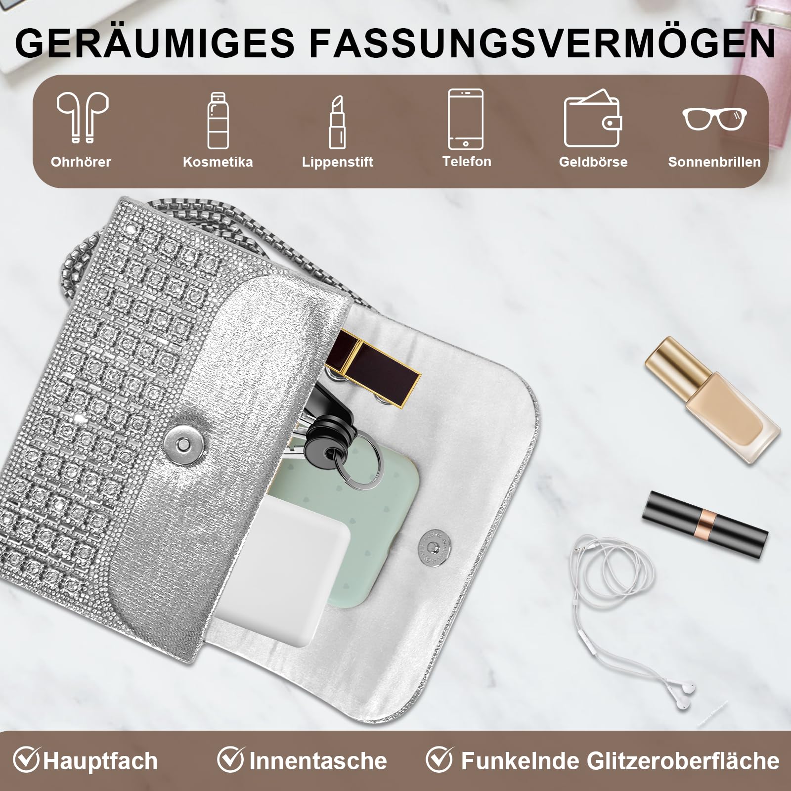 Gold Rhinestone Golden Damen-Clutch-Geldbörse mit Strasssteinen, Silber Abendtasche für Damen für Cocktail, Abschlussball, Hochzeit, Party
