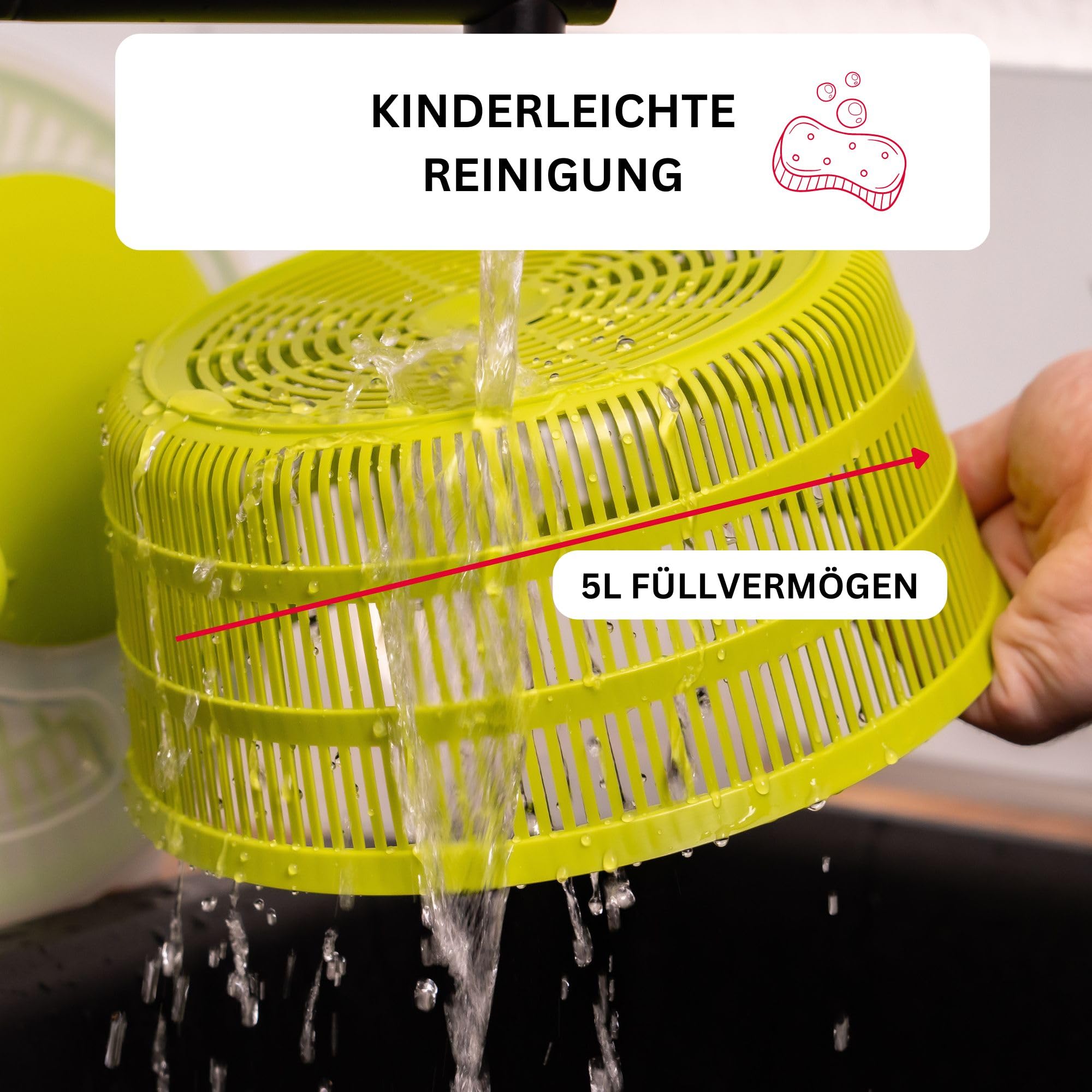 Westmark Ensaladera, Capacidad: 5 litros, ø 26 cm, Plástico, Sin BPA, Fortuna, Color: transparente/verde,243222E1