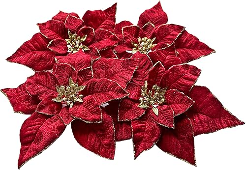 Miniatura 3 de M2cbridge Flores Artificiales de Navidad Flores de Pascua de Terciopelo Rojo Selecciones Florales para Corona de Navidad Adornos de Árbol