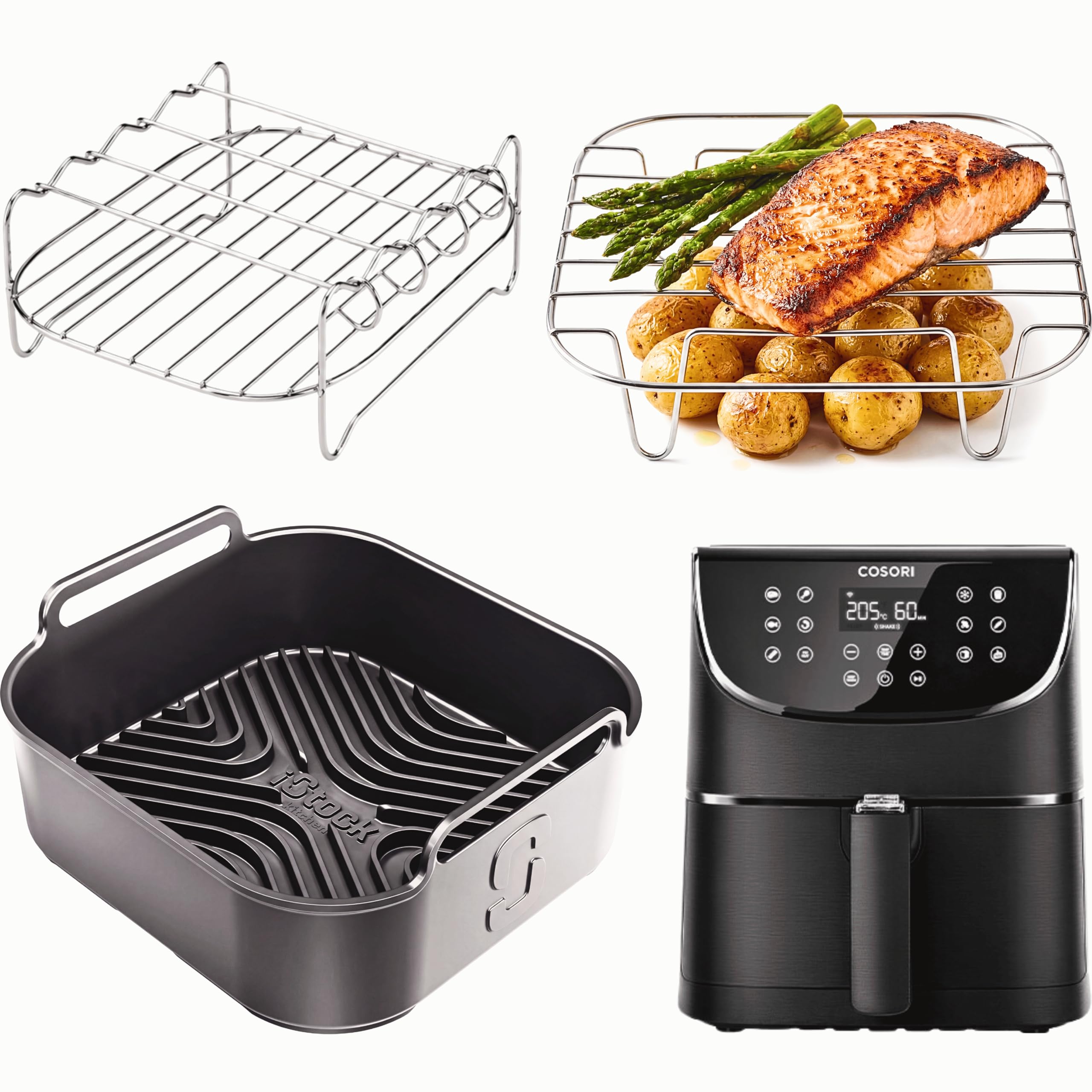 COSORI 5.5L Accessories | Airflow Pro™ Silicone Liner + 2 Stainless Steel Racks | 3mm Thick with 15mm Raised Ridges for Airflow | COSORI 5.5L Air Fryer Accessories | by iStock Kitchen