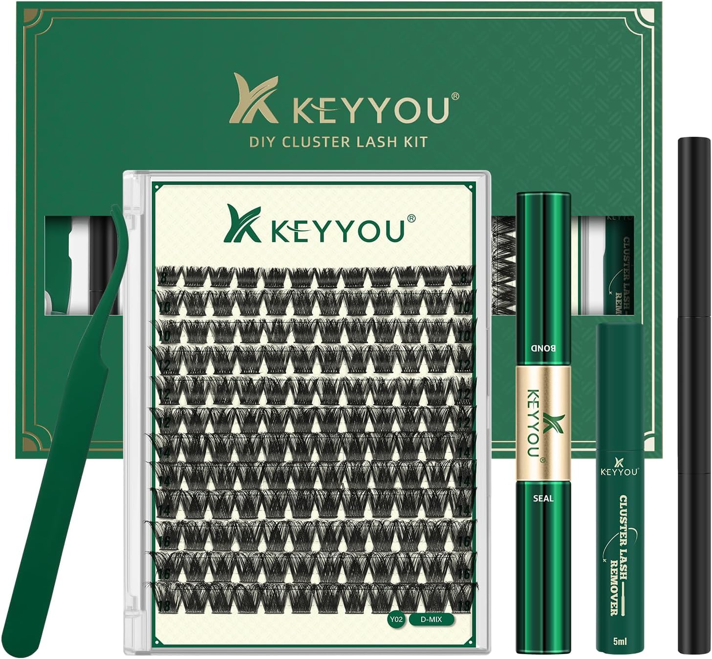 Lash Clusters Kit 144pcs Thick Volume D Curl Eyelash Clusters Lash Extension Kit with Mascara Brush Bond and Seal Glue Remover Applicators and Brush for DIY Lash Extensions (Y02)