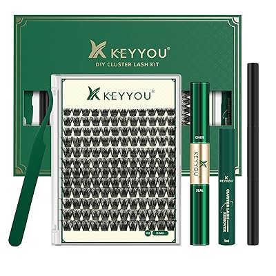 KEYYOU Lash Clusters Kit 144pcs Thick Volume D Curl Lash Clusters Lash Extension Kit with Mascara Brush Bond and Seal Lash Glue Remover Lash Applicators Lash Brush for DIY Lash Extensions (Y02 Kit)