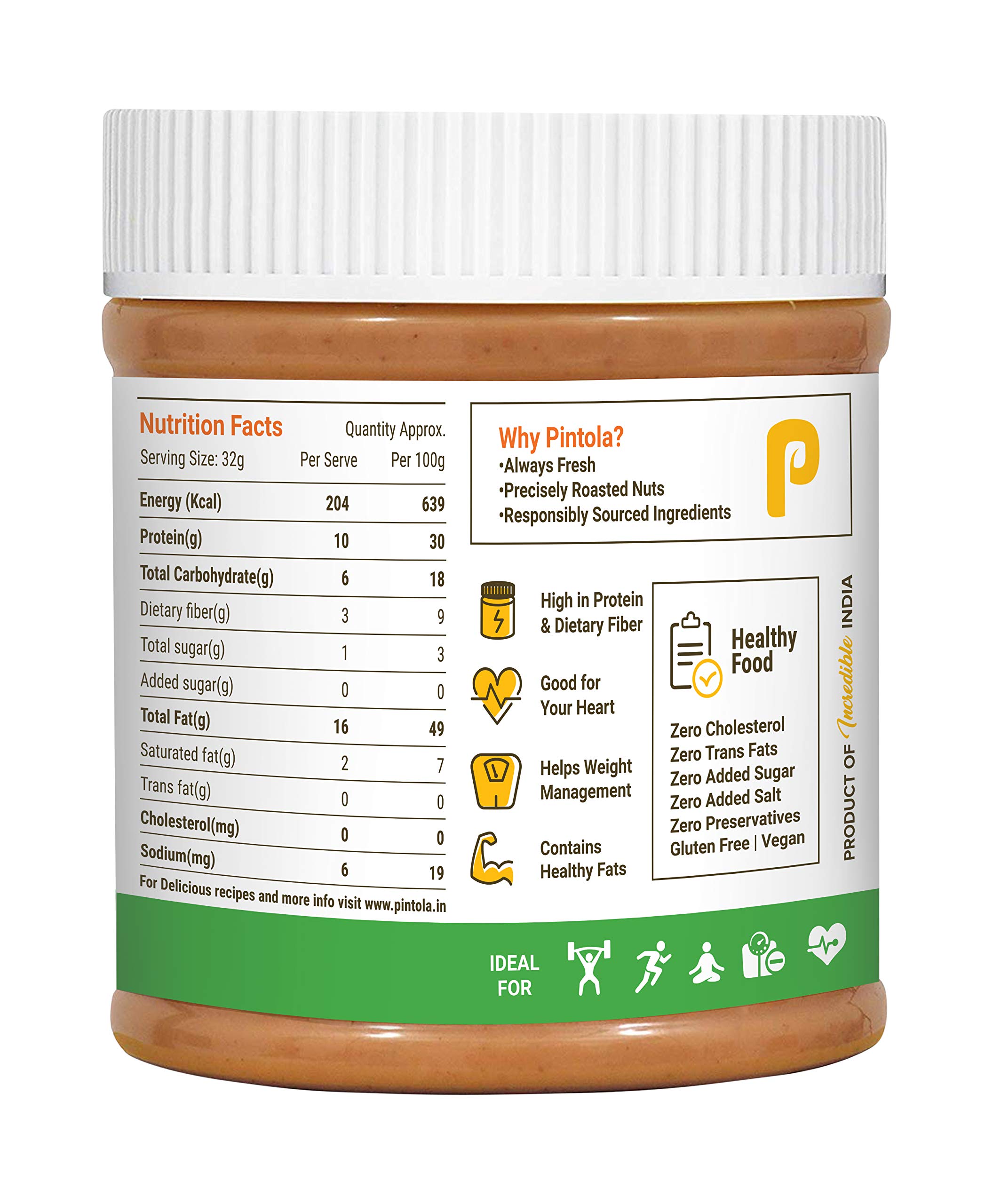Pintola All Natural Peanut Butter (Crunchy) (350g) Unsweetened 30g Protein Non GMO