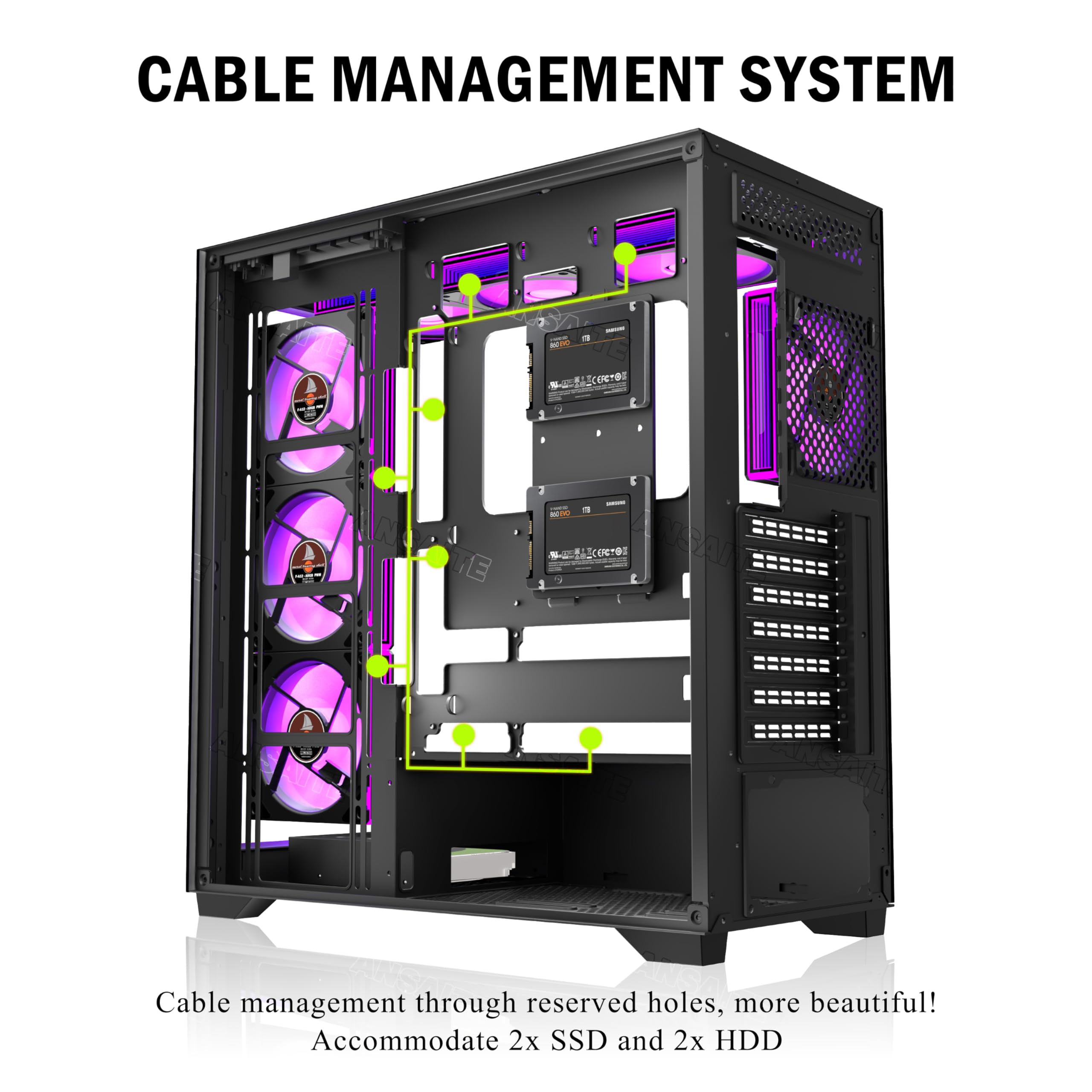 ANSAITE Boîtier PC ATX 7 Ventilateurs PWM ARGB pré-installés, Boîtier PC Gaming Mid-Tower, Boîtier Informatique panoramique en Verre trempé avec Type-C, Support de radiateur 360mm,Noir,C9 - 5