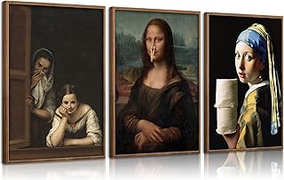 Funny Eclectic Bathroom Wall Art Retro Humor Fun Mona Lisa Portrait Picture Wall Decor Vintage Oil Painting Parody Poster Classical Canvas Print Artwork for Toilet Washroom Restroom, 8x10in, Unframed