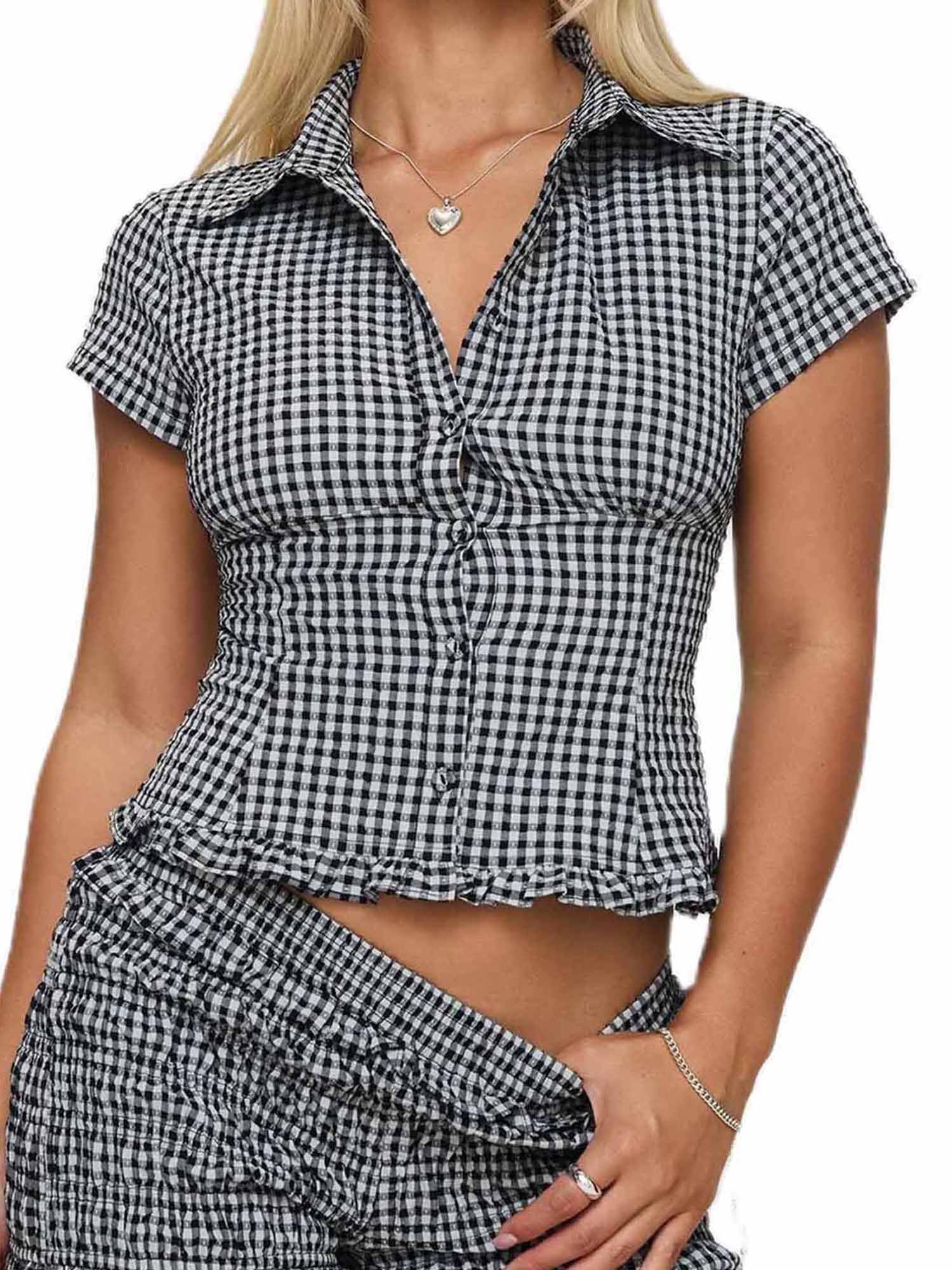 SANSIWU Womens Y2k Plaid Button Down Shirt Gingham Short Sleeve Collared Slim Fit Blouse Tops Casual Summer Tops Streetwear (C-Black, M)