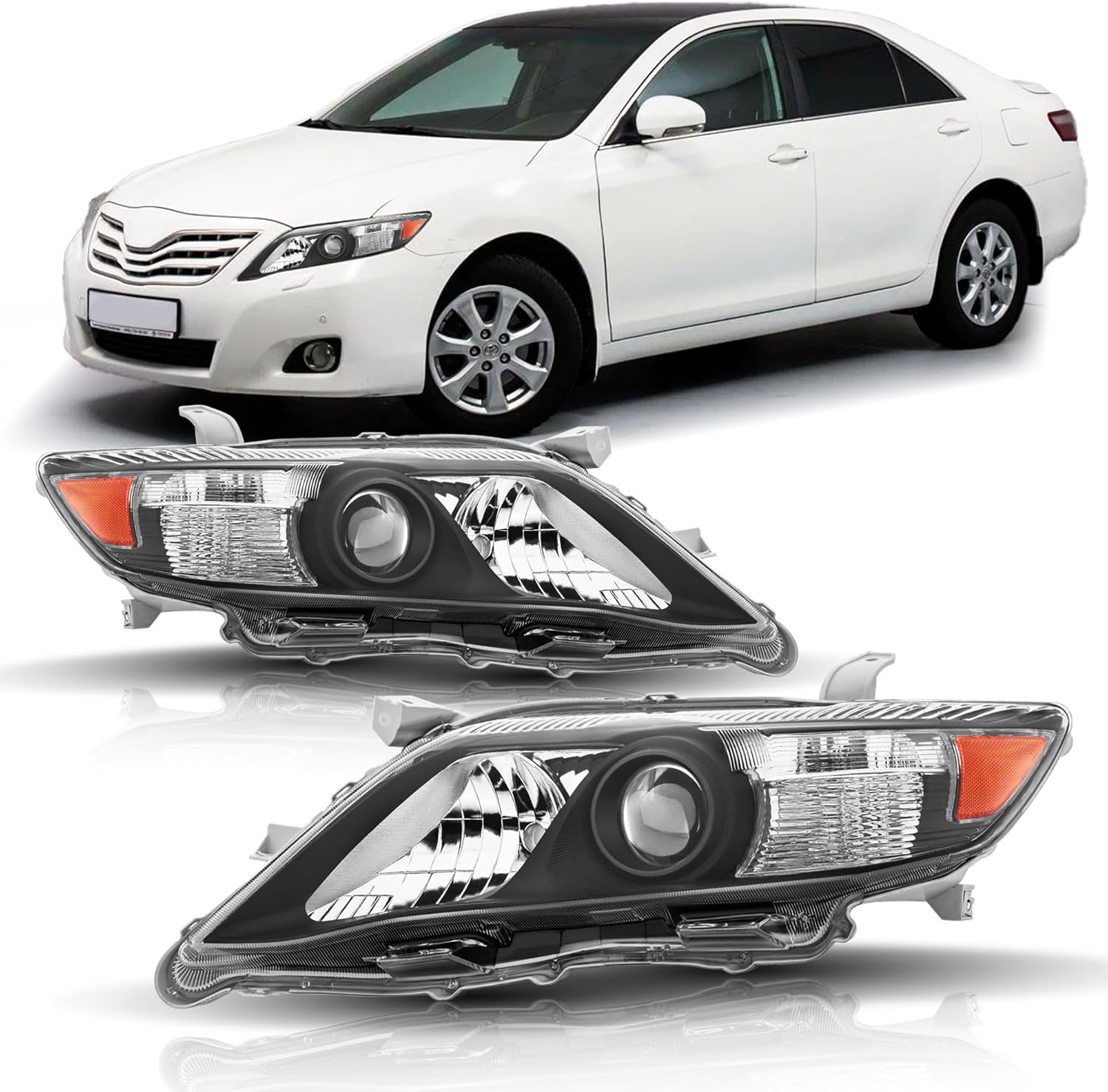 Headlight Assembly Compatible with 2010 2011 Toyota Camry SE/LE/XLE Halogen Headlamp, Only fits US Version, Black Housing Amber Reflector