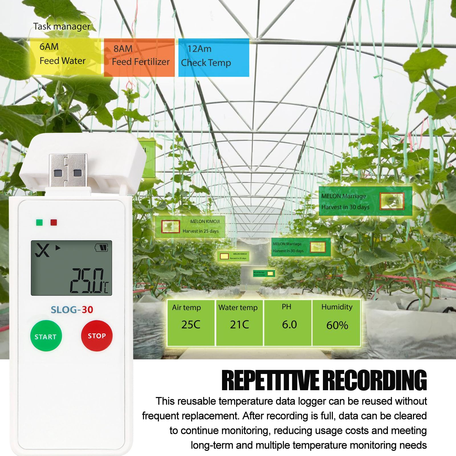 Registratore di temperatura USB digitale 65000 punti, logger con grande schermo LCD e rapporti PDF