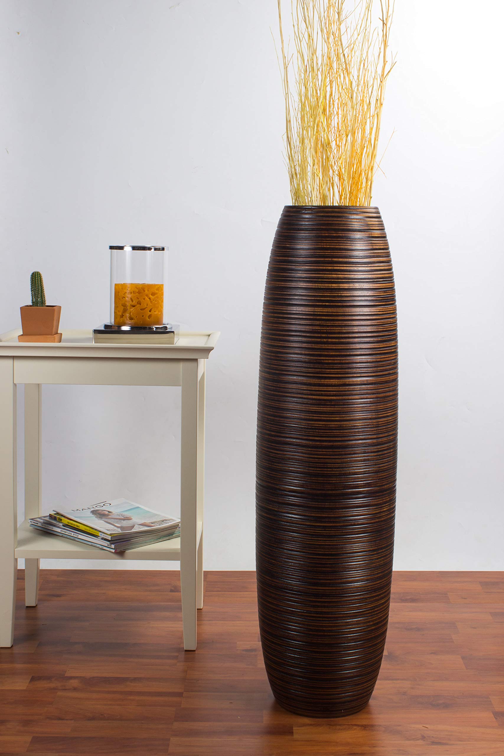 Leewadee Grand Vase de Sol 85 cm Bois de Manguier Pampa & Fleurs Séchées | Vase Déco pour Salon, pour Branches & Herbes Séchées. Plus solide que la Céramique, sans Eau. Bohème