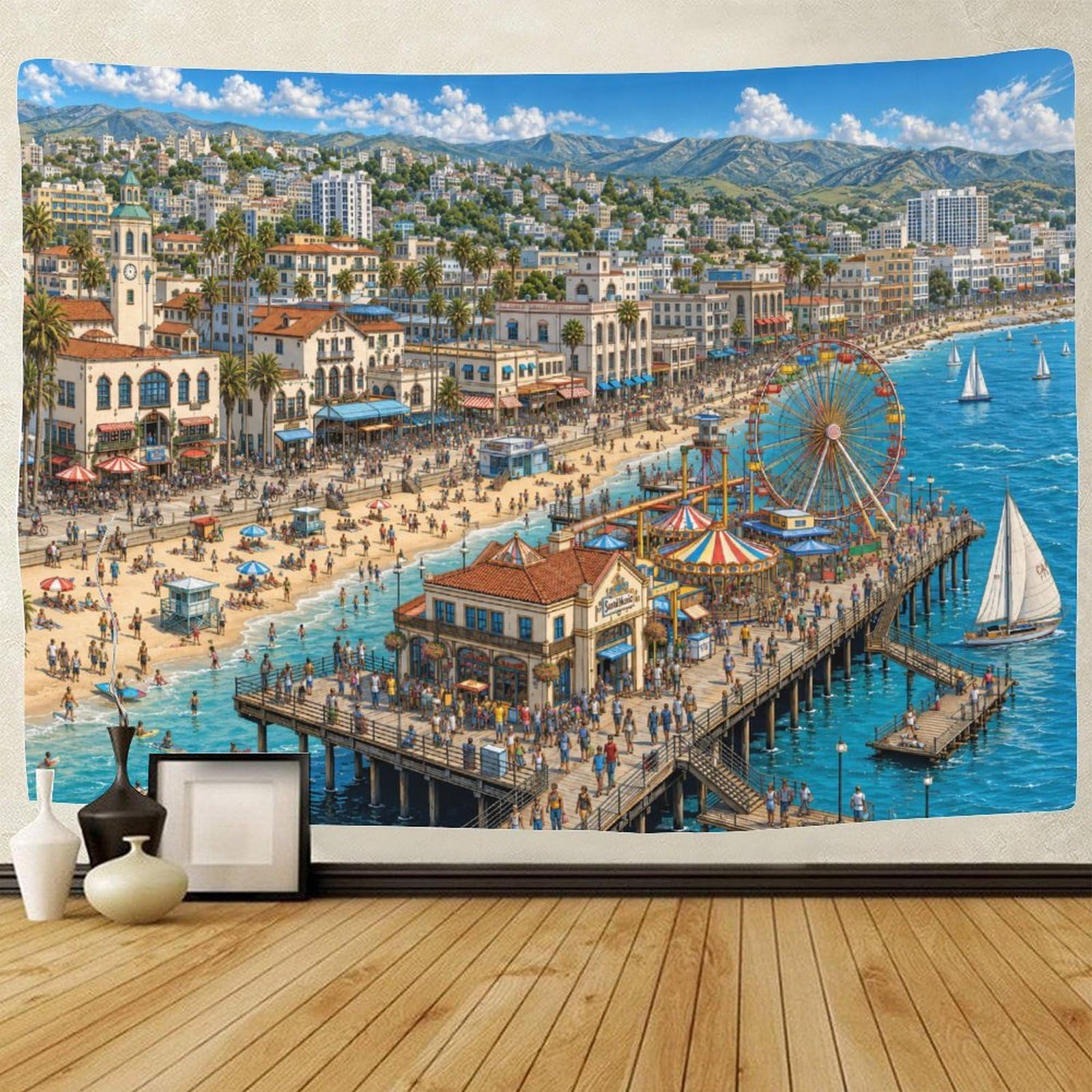 ASDFGHJKLZA Santa Monica Pier Wall Hanging Decor Wall Art Decor 3D Print Tapestry California Beach Tapestries Poster Home Decoration Bedroom College Dorm 130cmx150cm