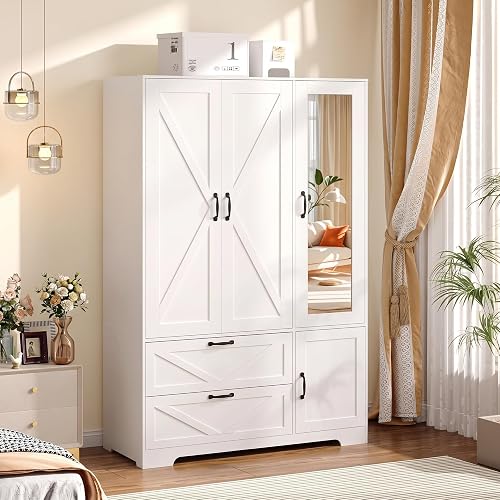 Armoire Wardrobe Closet with Mirror Door,3 Doors Farmhouse Bedroom Armoire with Drawers and Adjustable Shelves,Wooden Armoire Wardrobe Closet with Hanging Rod for Bedroom(White)