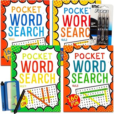 GAME PARTY 4 Pocket Size Word Search Books for Adults - Bundle with 4 Travel Size Word Hunt Puzzle Books Plus Pens and Magnifier (Over 600 Word Find Puzzles)