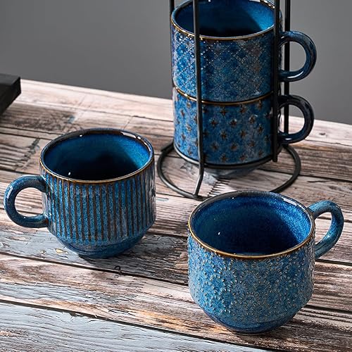 Miniatura 7 de Juego de 4 tazas de café grandes de cerámica con soporte, 15 onzas, apilables, diferentes relieves, juego de tazas de café acanalado para capuchino,