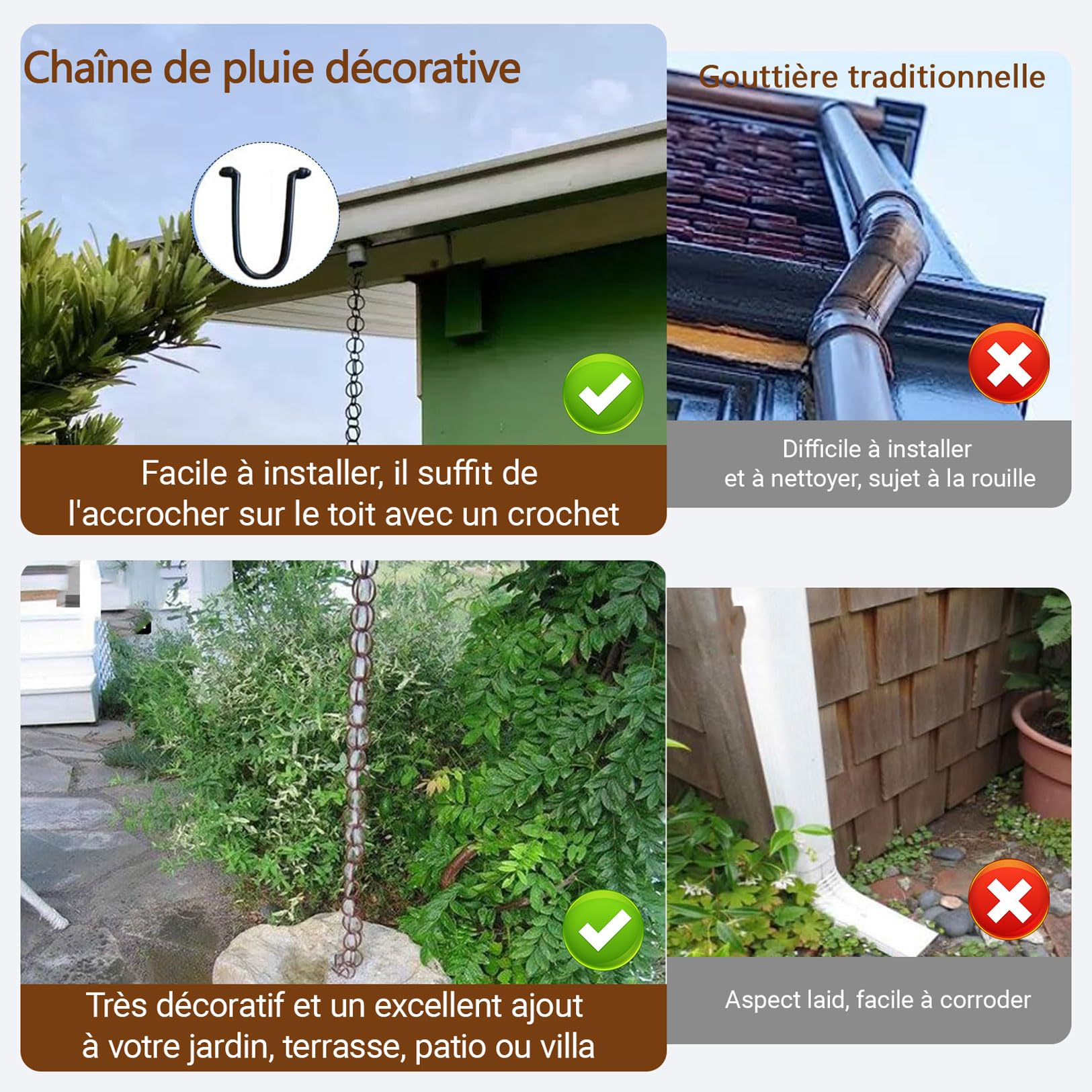 2m Chains de Pluie, Élégante chaîne de Pluie d'extérieur en Alliage d'aluminium, Pratique et élégante, idéale pour diriger l'eau de Pluie et embellir Les Jardins