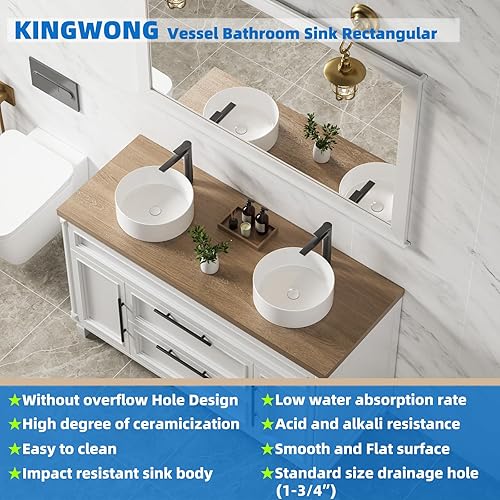 Miniatura 32 de KINGWONG Fregadero de encimera de 24 pulgadas para baño, lavabos de baño rectangulares modernos, poco profundos, de porcelana de cerámica blanca