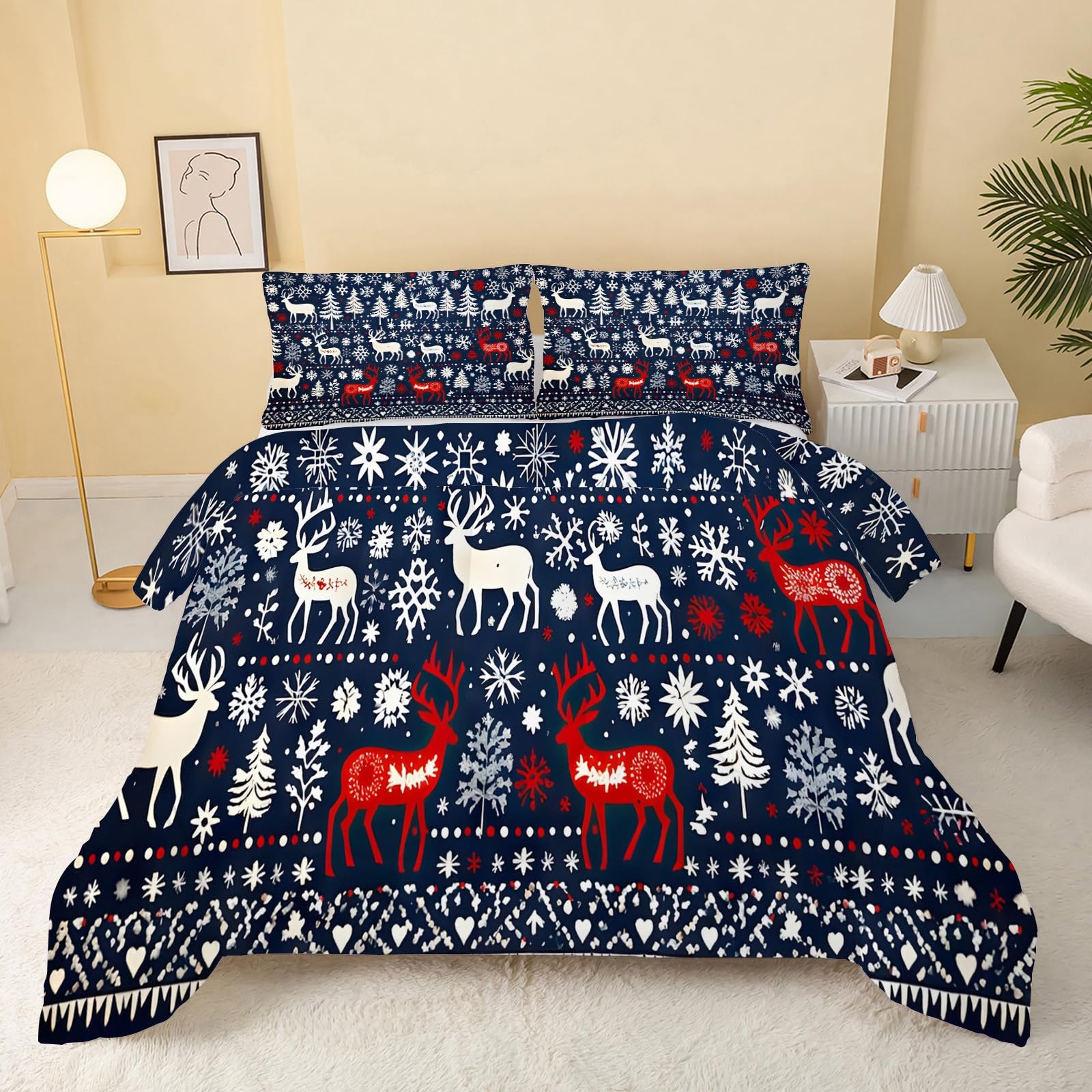 Couette 4 saisons sapin de Noël bleu cerf réversible pour lit double