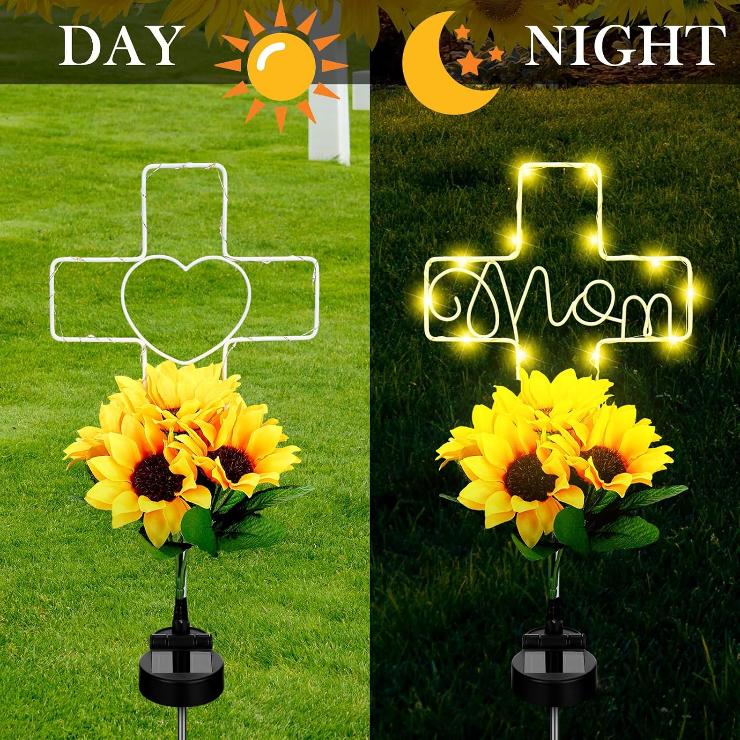GlikCeil 2 Pcs Solar Cross Sunflower Lights for Cemetery Mom 27in 2 Modes Heart Solar Cross Garden Stake Outdoor Lights Graves Memorial Lights for Loss of Lovers Mother Day Remembrance Sympathy Gifts