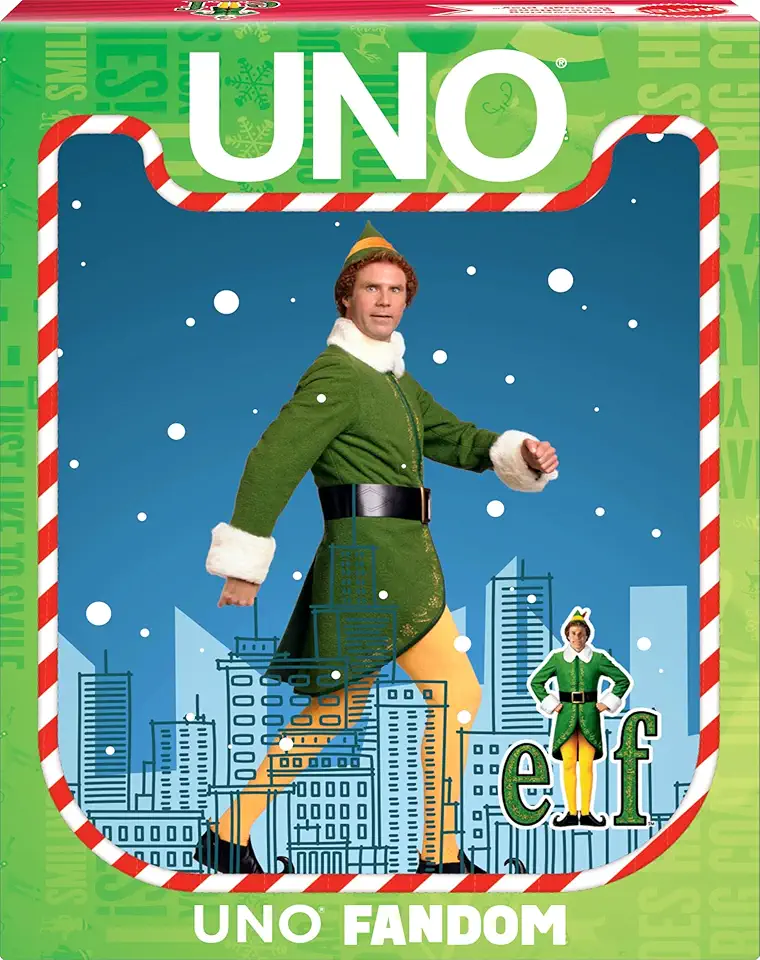 Mattel Games UNO Fandom Elf Card Game for Kids, Adults &amp; Families, Deck Includes Collectible Foil with Images from The Movie
