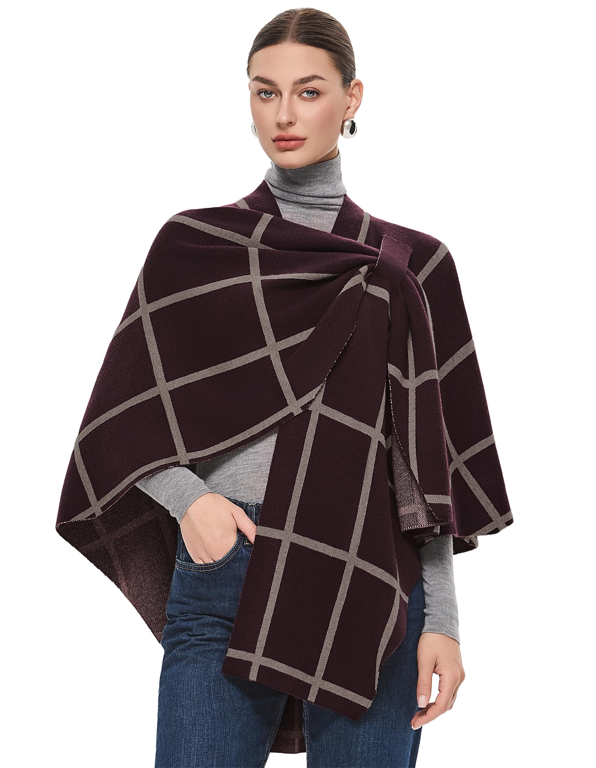 Snapklik.com : Womens Checkered Shawl Wraps Ruana Cape Open Front