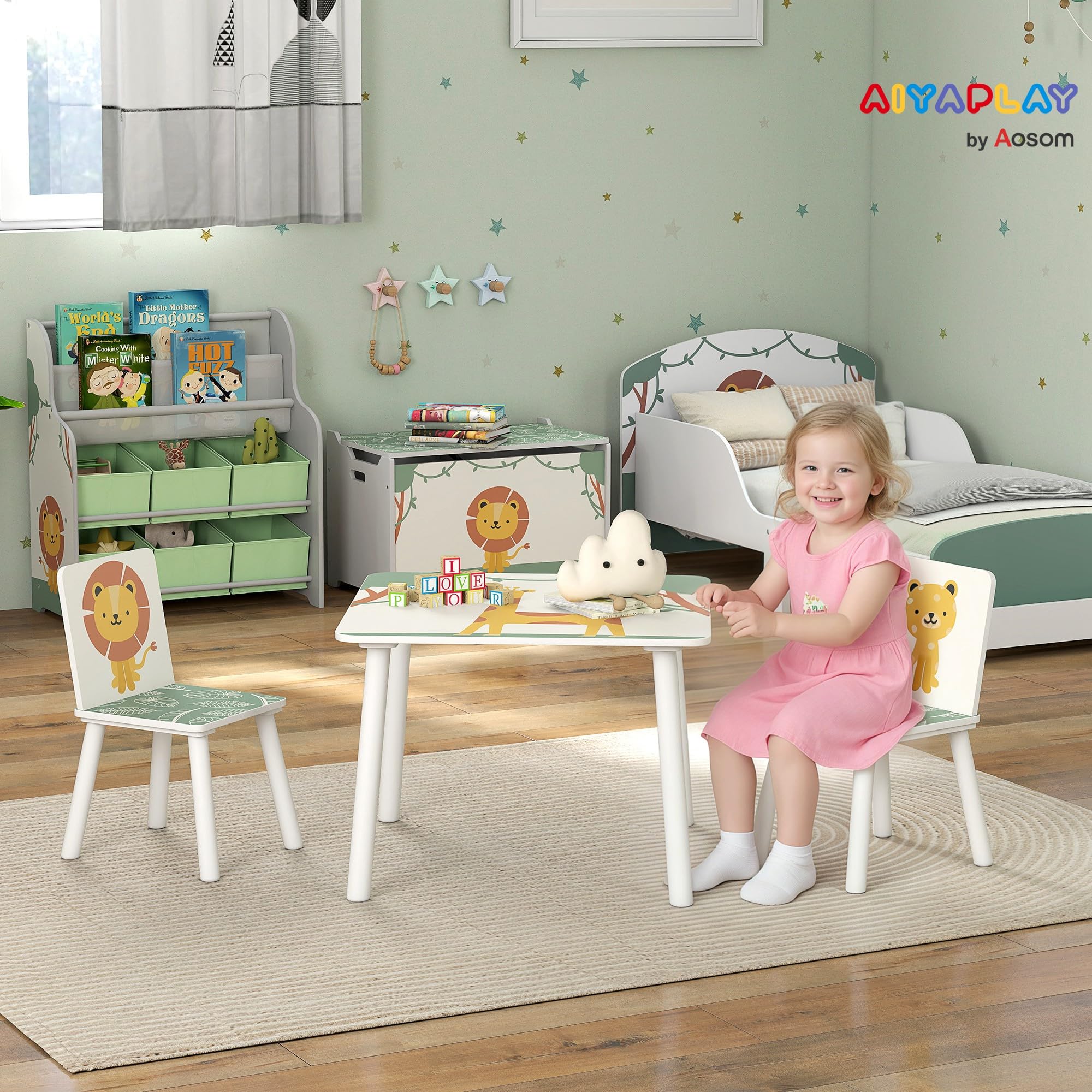 AIYAPLAY Table Enfant avec 2 Chaises en Bois pour Dessiner, Jouer, étudier, Motifs Animaux, Vert, 3-8 Ans