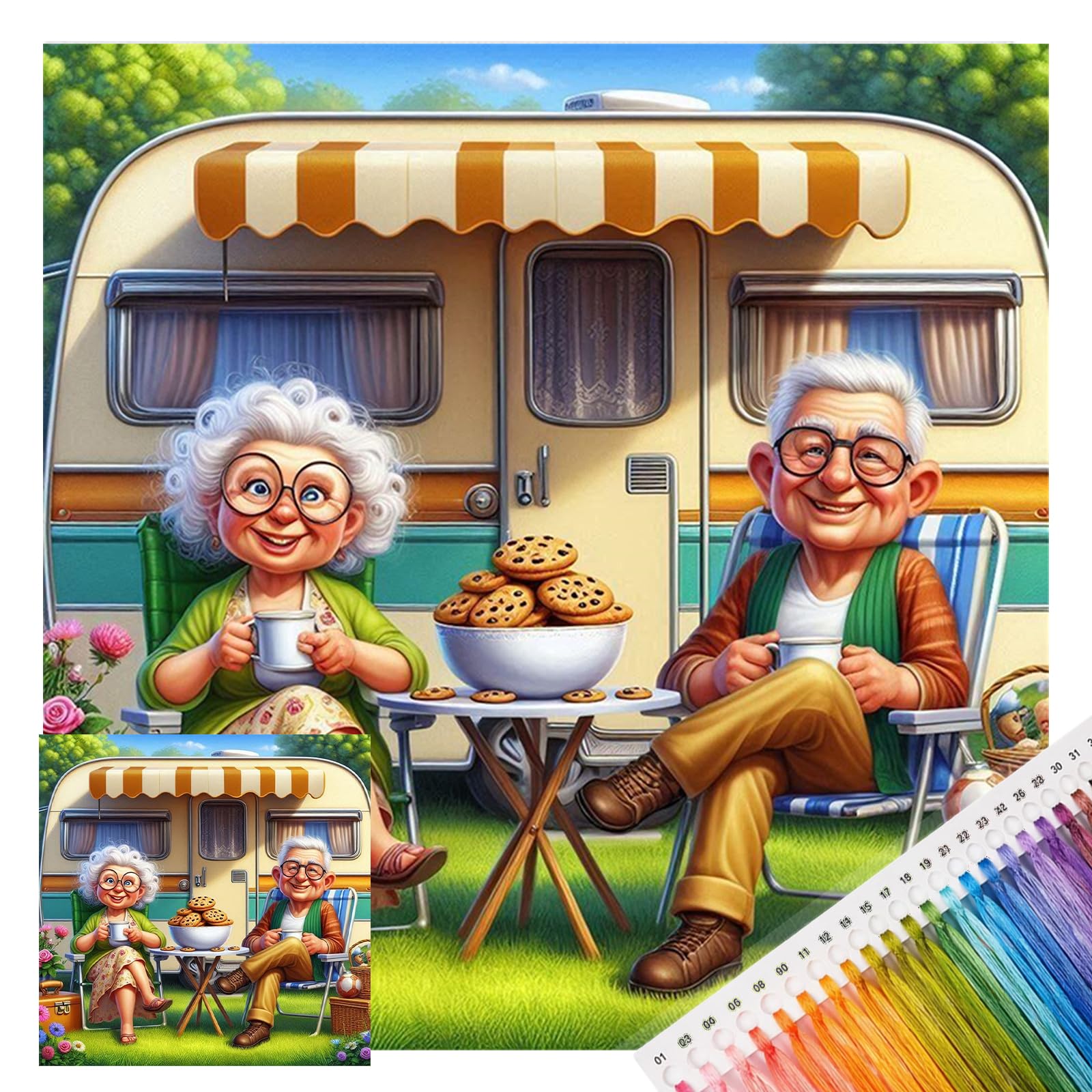 POETRYDRAW RV Afternoon Tea DIY Embroidery Kit 14CT Cross Stitch Art & Crafts Starter Kit 11.81x11.81inch for Beginners & Home Decor (Camping Joy)