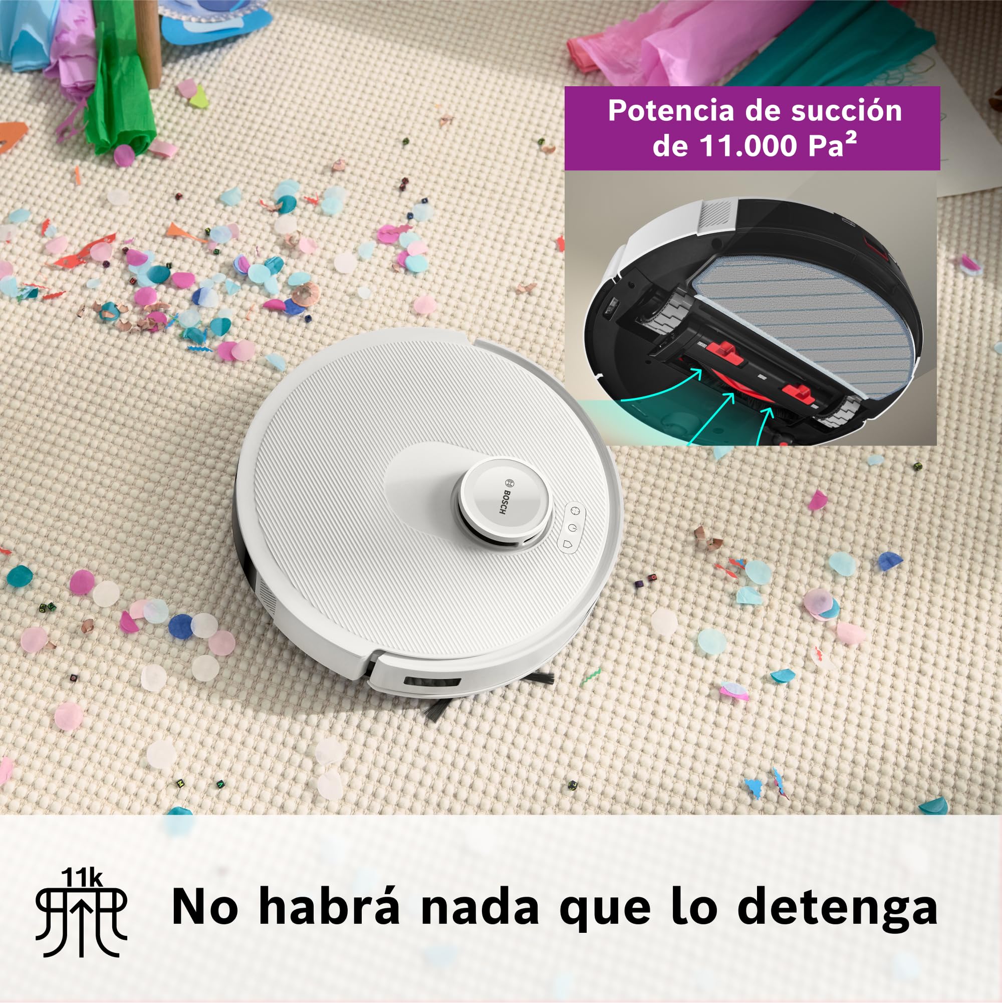 Bosch - Robot Aspirador Spotless +, aspira y friega, Potencia 11.000 Pa², Almohadilla húmeda Fija, estación Seca, Sistema Inteligente de visión por Infrarrojos, Bosch Home Connect App, Blanco, BCRD1W