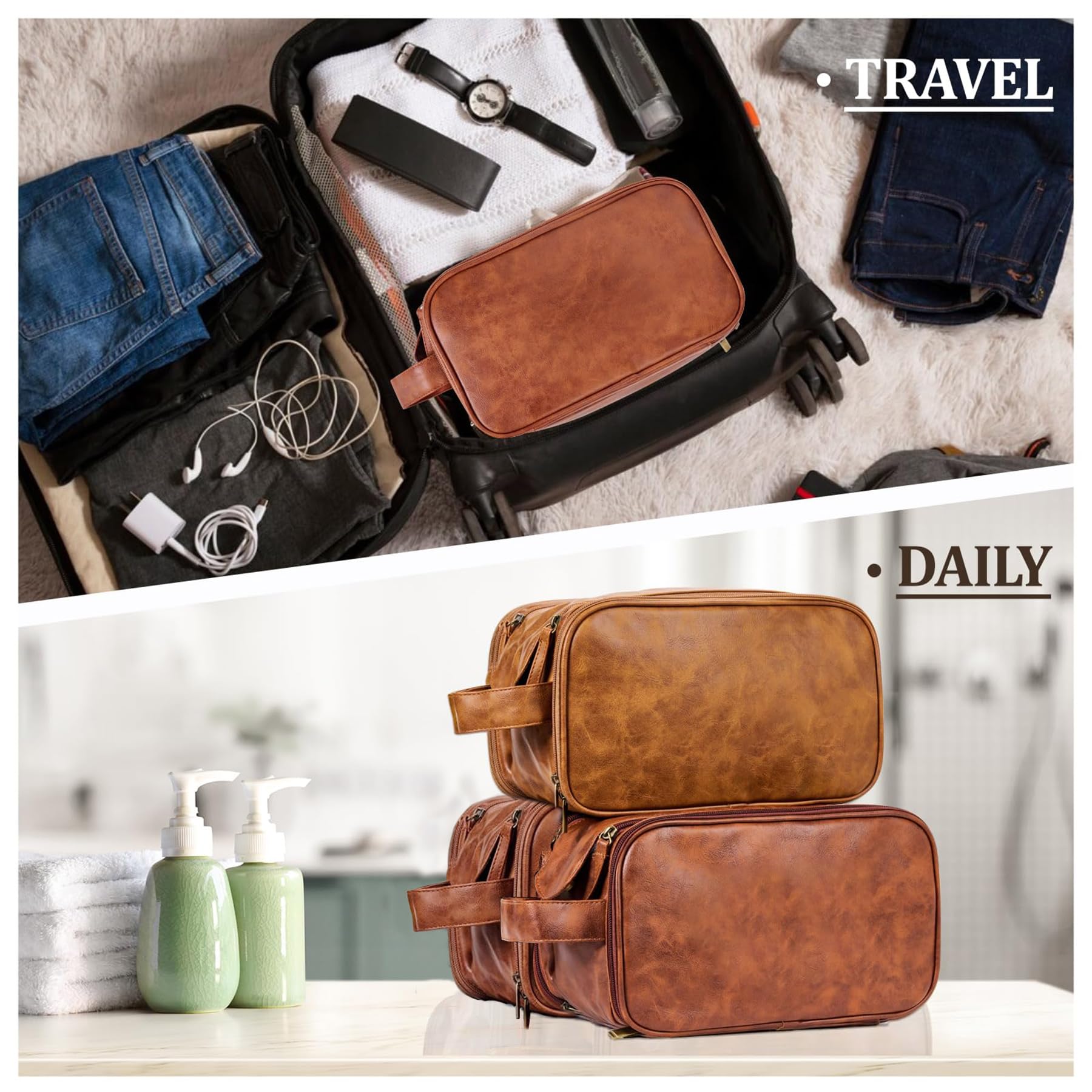 Trousse de toilette de voyage pour homme, poignée double couche, trousse en cuir synthétique résistant à l'eau, fête des pères, Noël, Thanksgiving, garçons d'honneur, cadeau de mariage (marron