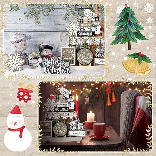 Miniatura 6 de Dandat Juego de decoración de bandeja escalonada de Navidad de 15 piezas Invierno en Hello Banderas de muñeco de nieve y copo de nieve de madera