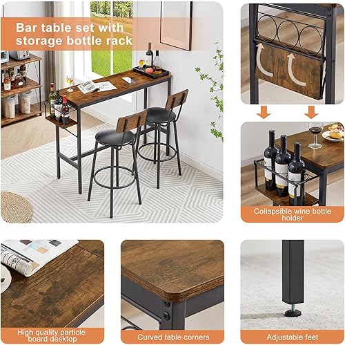Miniatura 5 de Juego de mesa de bar y sillas para 2, 3 piezas, juego de mesa de comedor con soporte plegable para botellas, juego de comedor de altura de mostrador