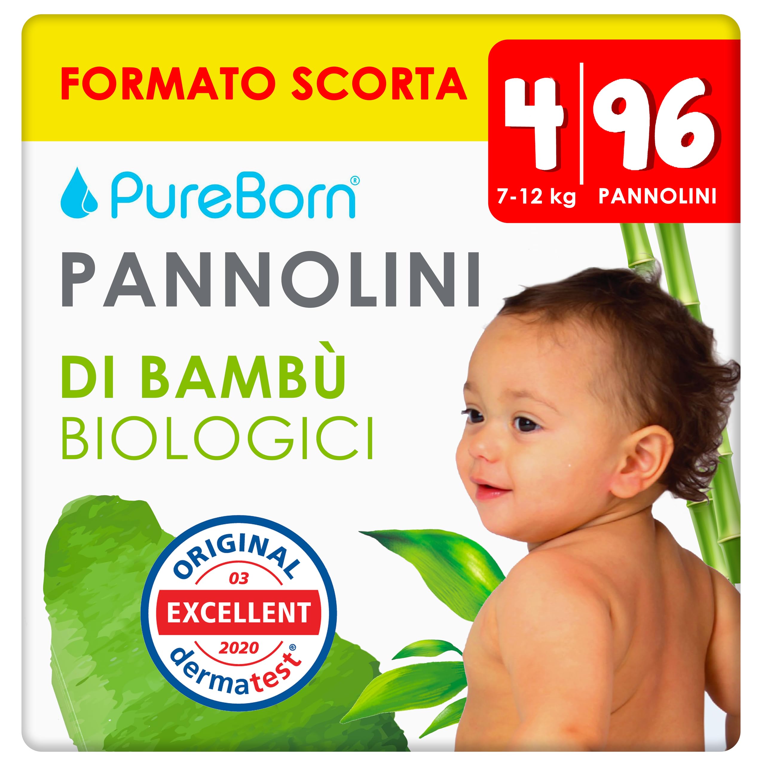 PureBorn 96 Pannolini Taglia 4 (7-12 kg), Ipoallergenico, Ultra assorbente, Pannolini 7-12 mesi, Dermatologicamente testato, Protezione completa, pannolino di alta qualità naturali bambù
