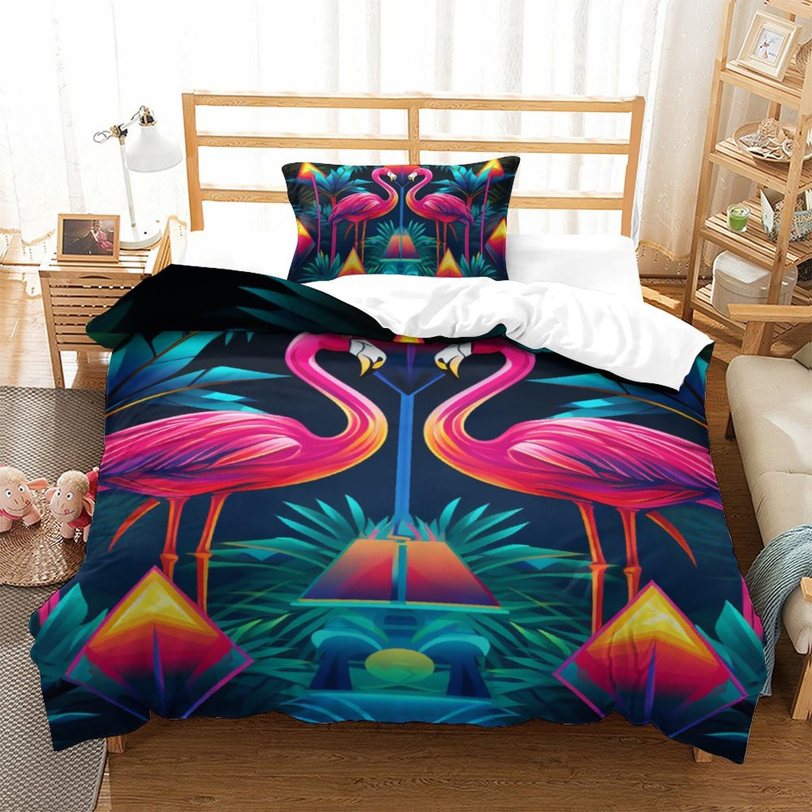 Parure de lit flamants roses housse de couette 135x200cm avec taie