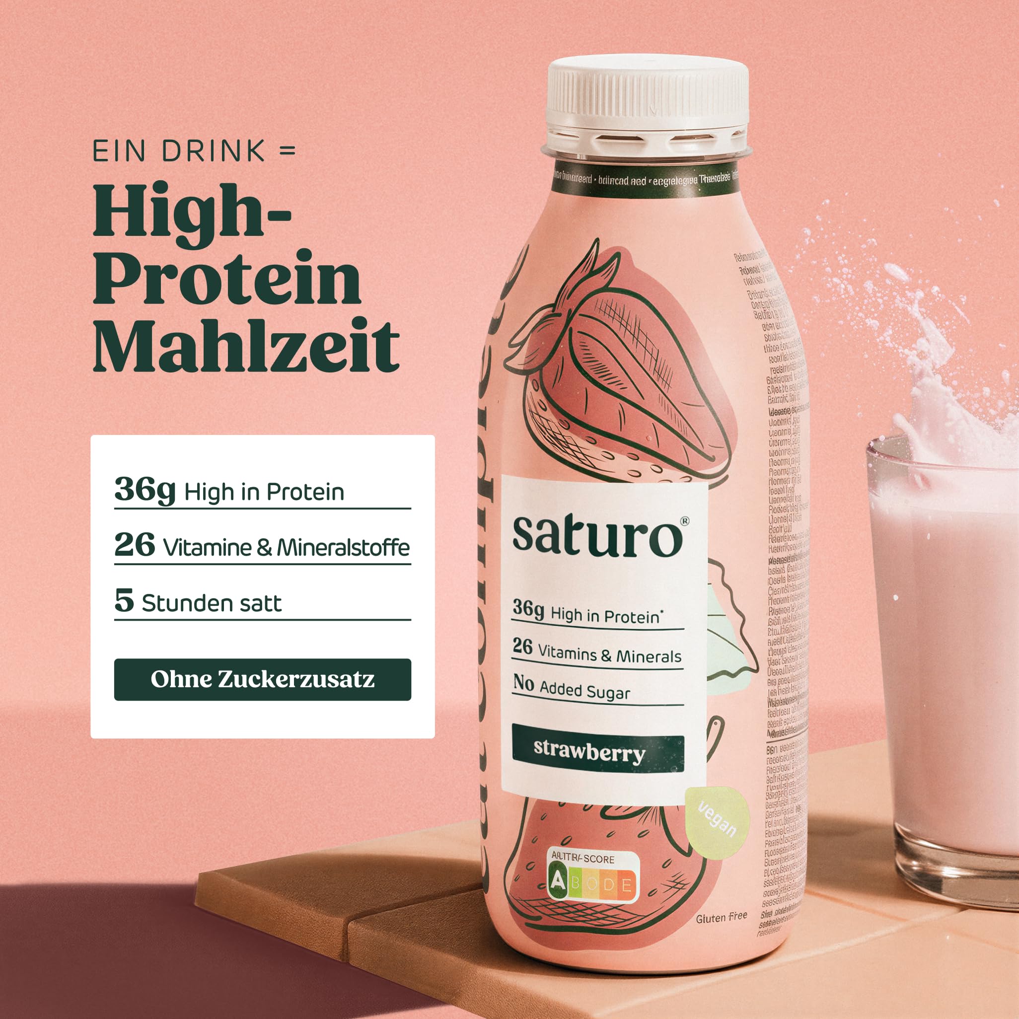 Saturo Astronautennahrung Strawberry | Trinkmahlzeit | 36 g Protein, zuckerfrei, 400 kcal | Trinknahrung Mit Wertvollen Nährstoffen | 6 x 400 ml