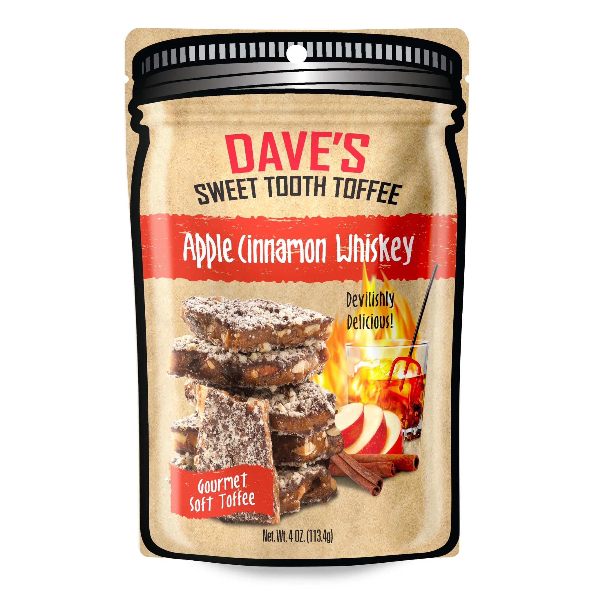 Dave's Sweet Tooth Apple Cinnamon Whiskey – Premium Flavors – Single Handmade & Homemade Gourmet Soft Toffee with Real Butter, Real Sugar, and Hand-Sliced Almonds, Naturally Gluten-Free