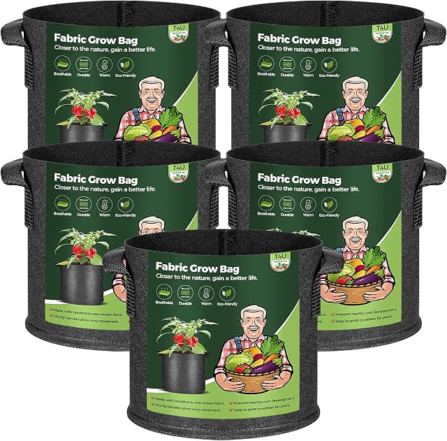 T4U 15 Gallon Plant Grow Bags with Handle Pack of 5, Large Fabric Pots Growing Bag, Heavy Duty Nonwoven Planter, Thickened Breathable Growbag for Potato Tomato Tree Strawberry Vegetables Outdoor