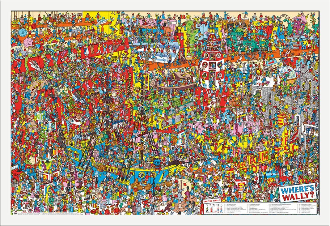 empireposter Where's Wally - Quadro decorativo della serie TV per bambini, dimensioni 91,5 x 61 cm + cornice intercambiabile, Shinsuke® Maxi MDF bianco, disco acrilico