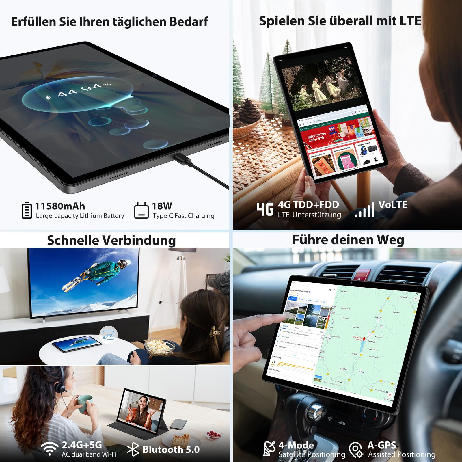 14 Zoll, 36GB RAM+512GB ROM/1TB TF SIM Tablet 2K 2000x1200 Touch Display, 4G LTE+5G WLAN, Android 15, Octa-Core, 4 Lautsprecher, 13MP/11580mAh/GMS/GPS, inkl. Pen/Hülle/Kopfhörer